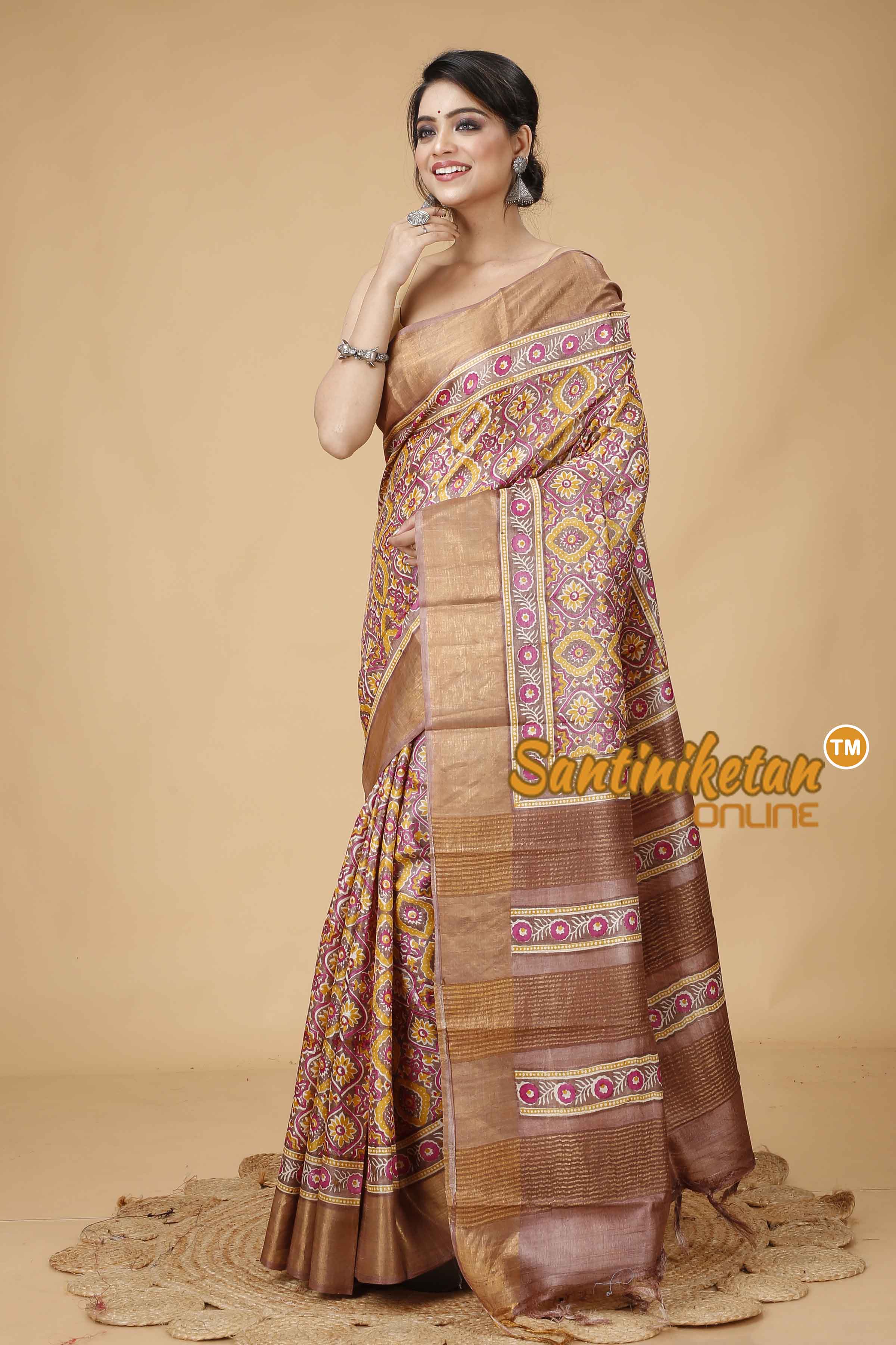 Pure Zari Tussar Hand Block Painted Saree SNN202416163
