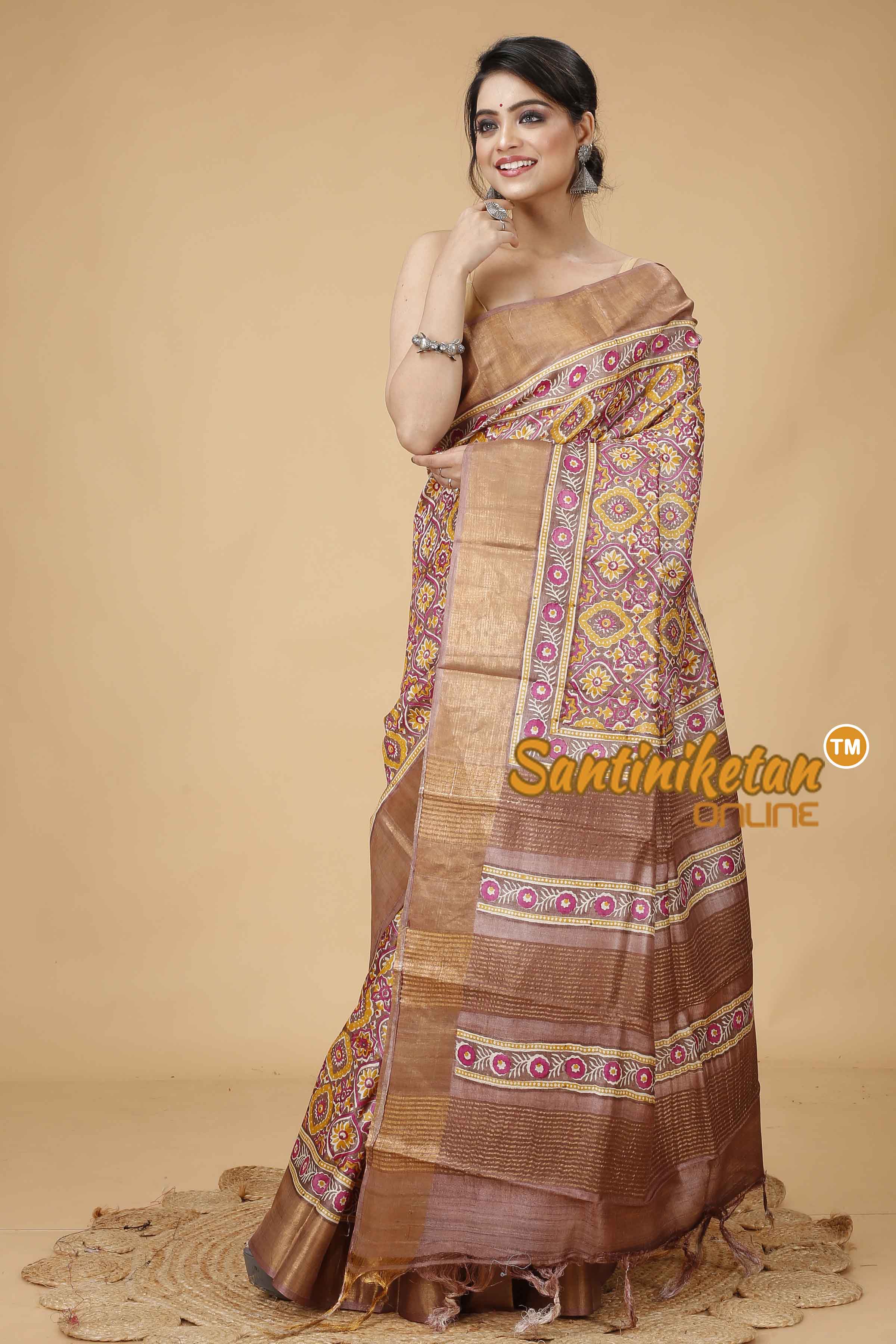 Pure Zari Tussar Hand Block Painted Saree SNN202416163