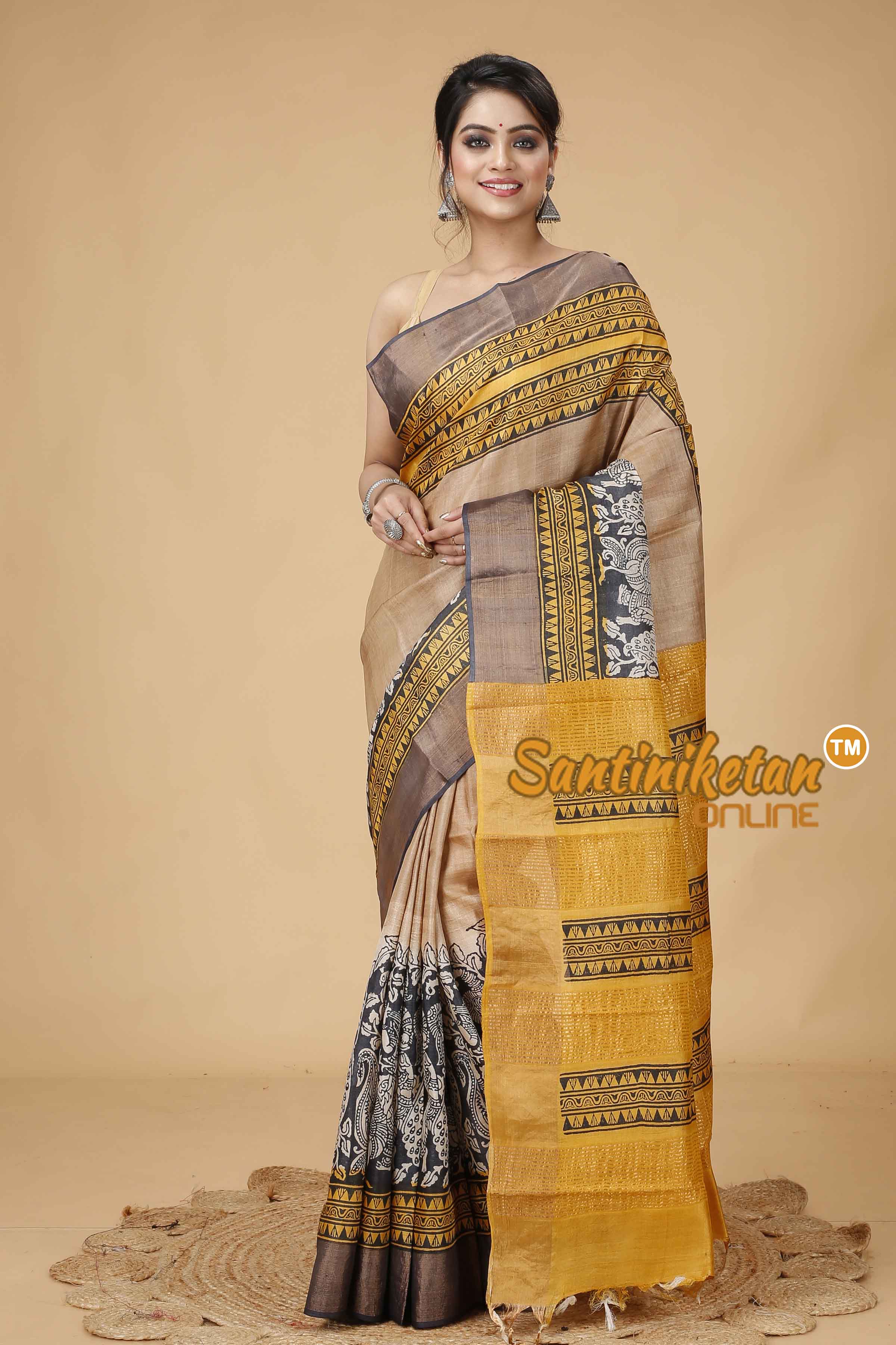 Pure Zari Tussar Hand Block Painted Saree SNN202416168