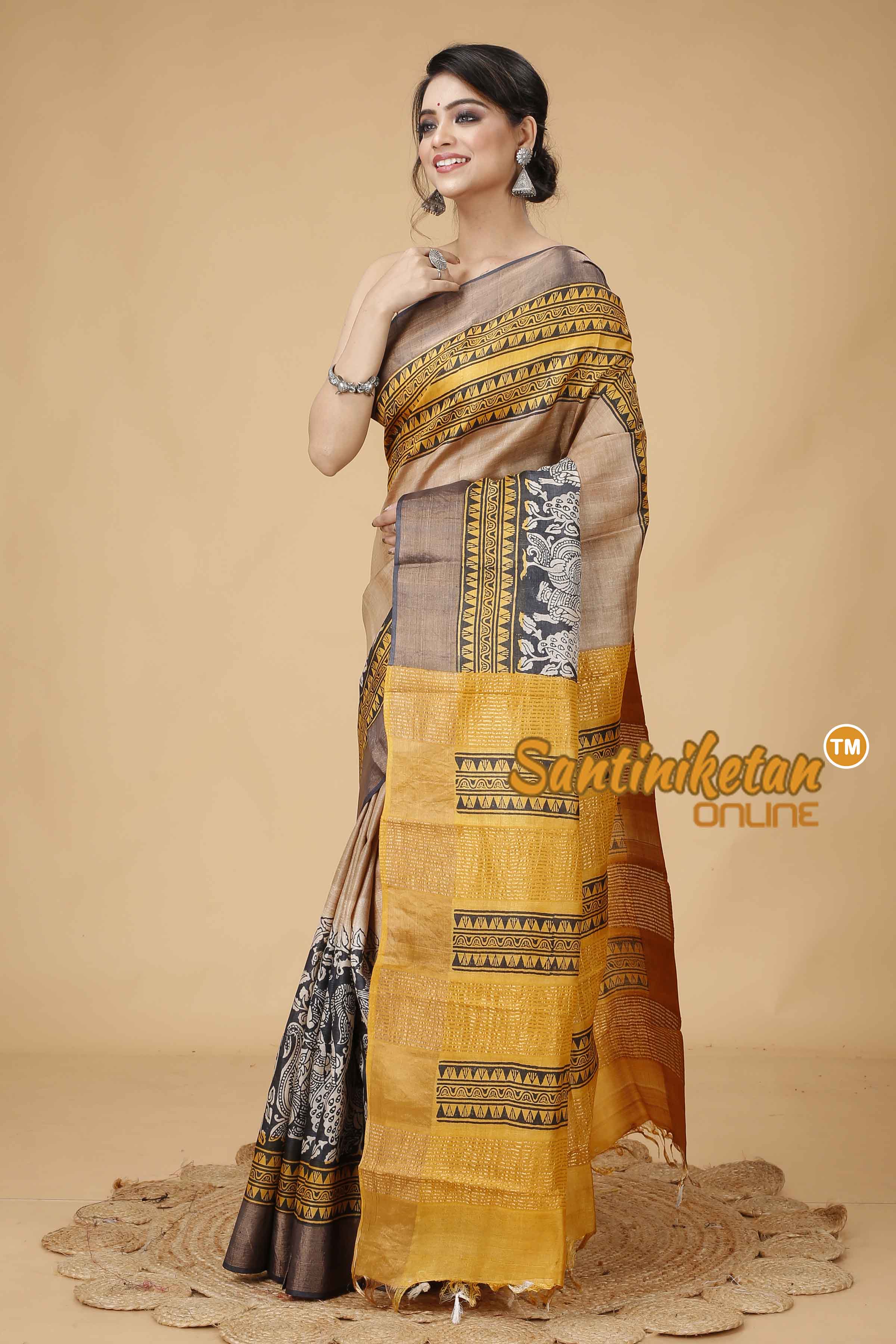 Pure Zari Tussar Hand Block Painted Saree SNN202416168