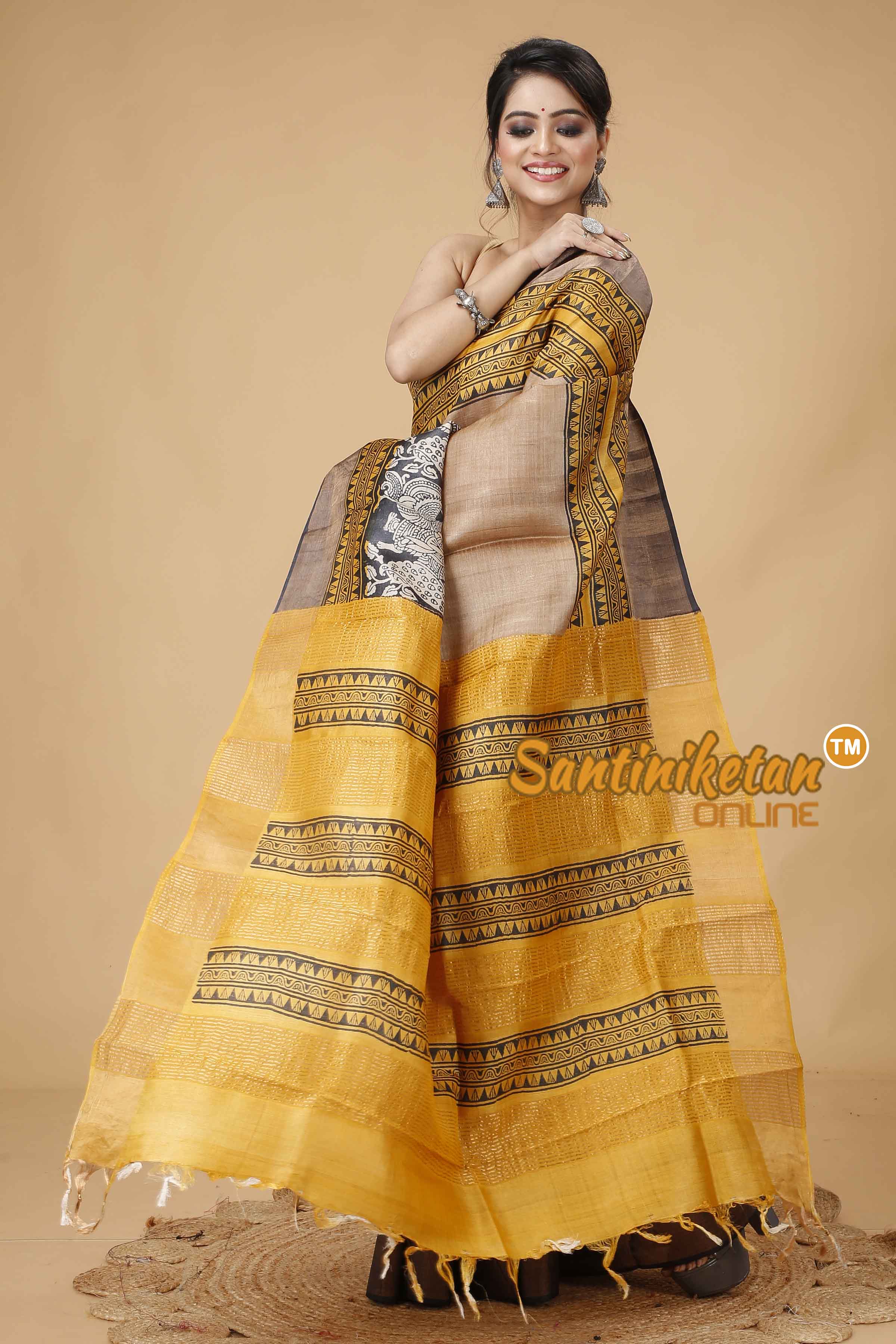 Pure Zari Tussar Hand Block Painted Saree SNN202416168