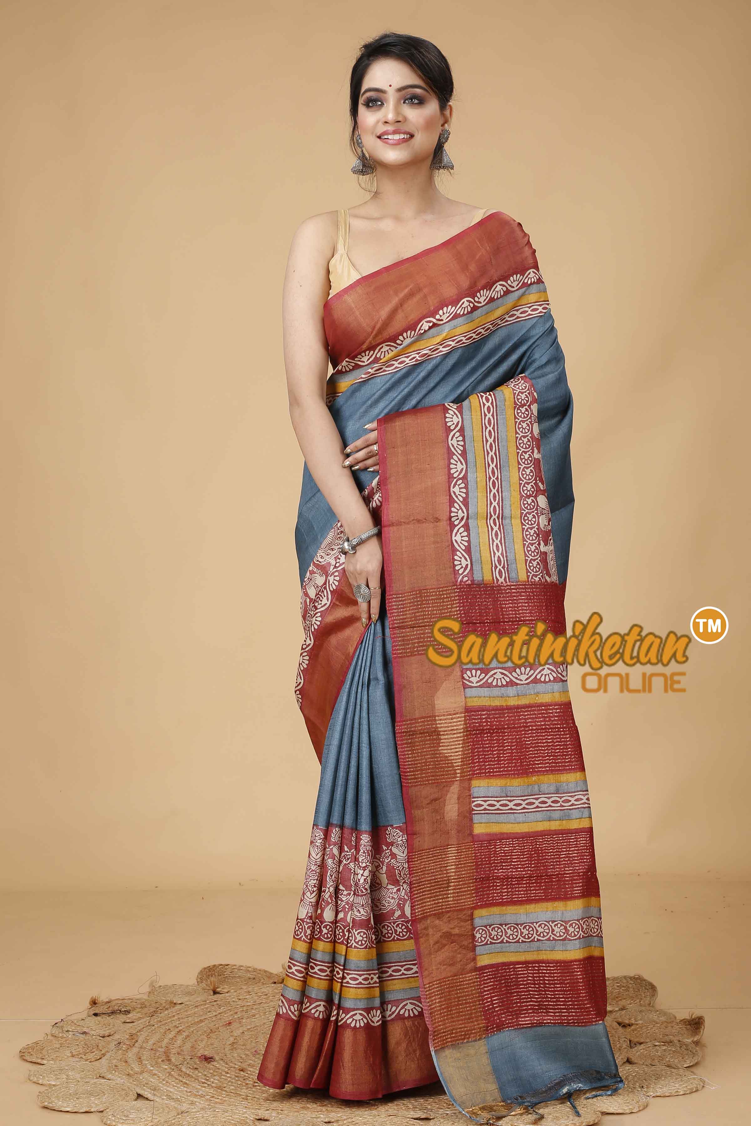 Pure Zari Tussar Hand Block Painted Saree SNN202416193