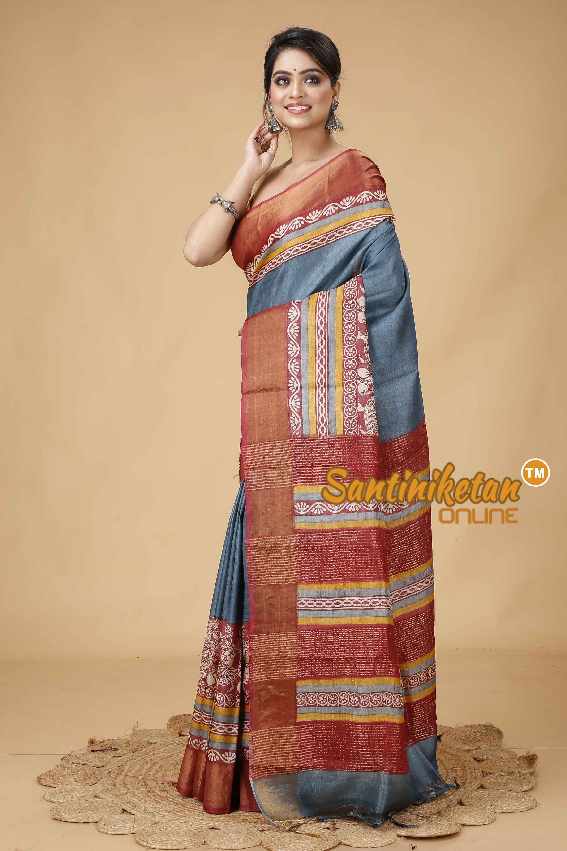Pure Zari Tussar Hand Block Painted Saree SNN202416193