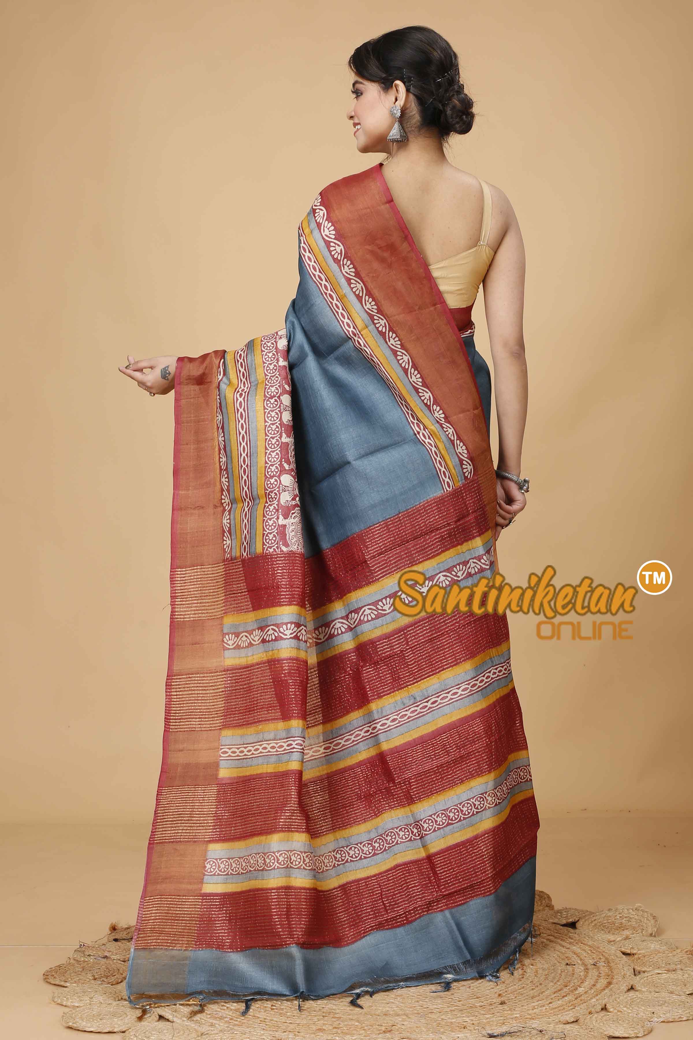Pure Zari Tussar Hand Block Painted Saree SNN202416193