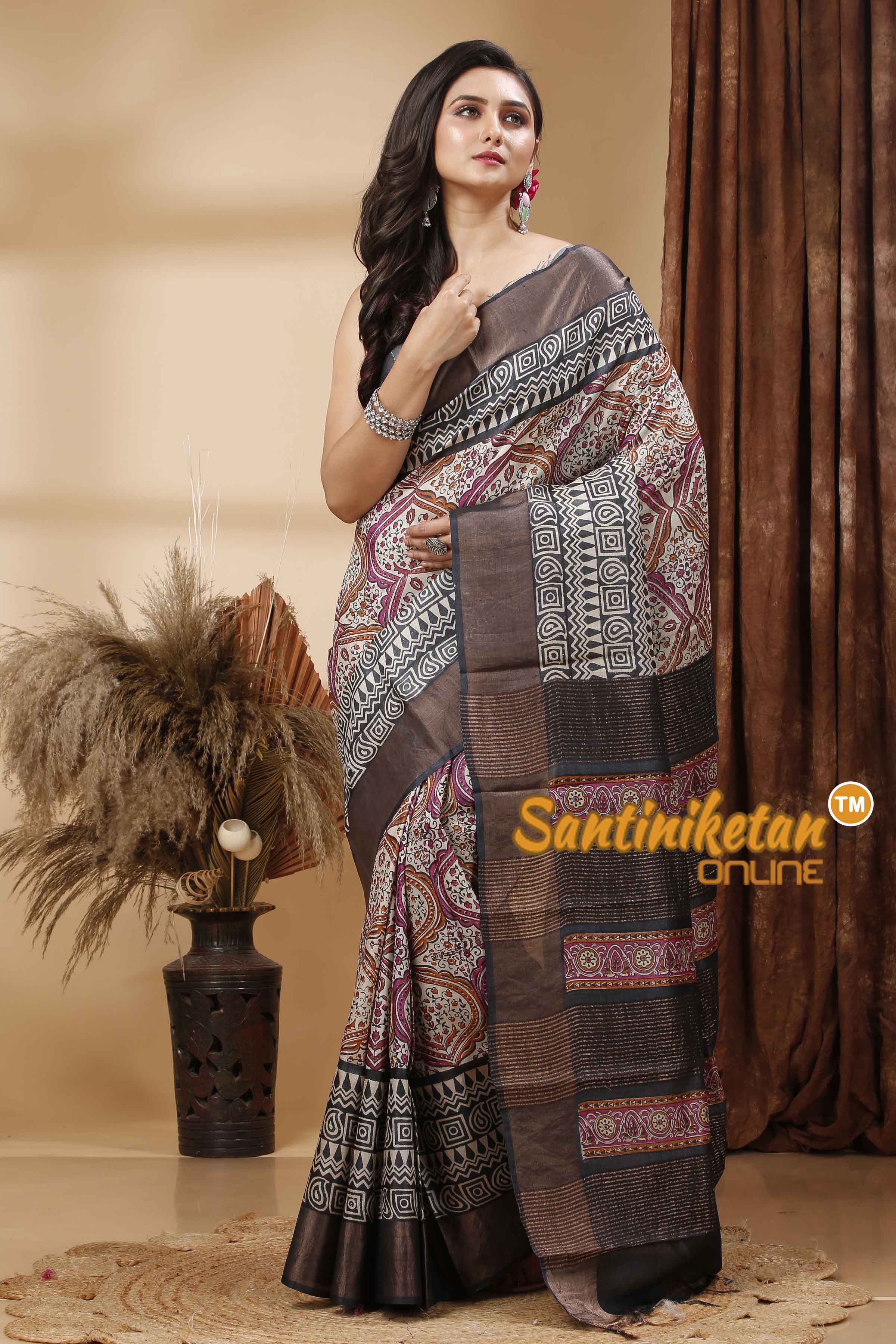 Pure Zari Tussar Hand Block Painted Saree SN202417224