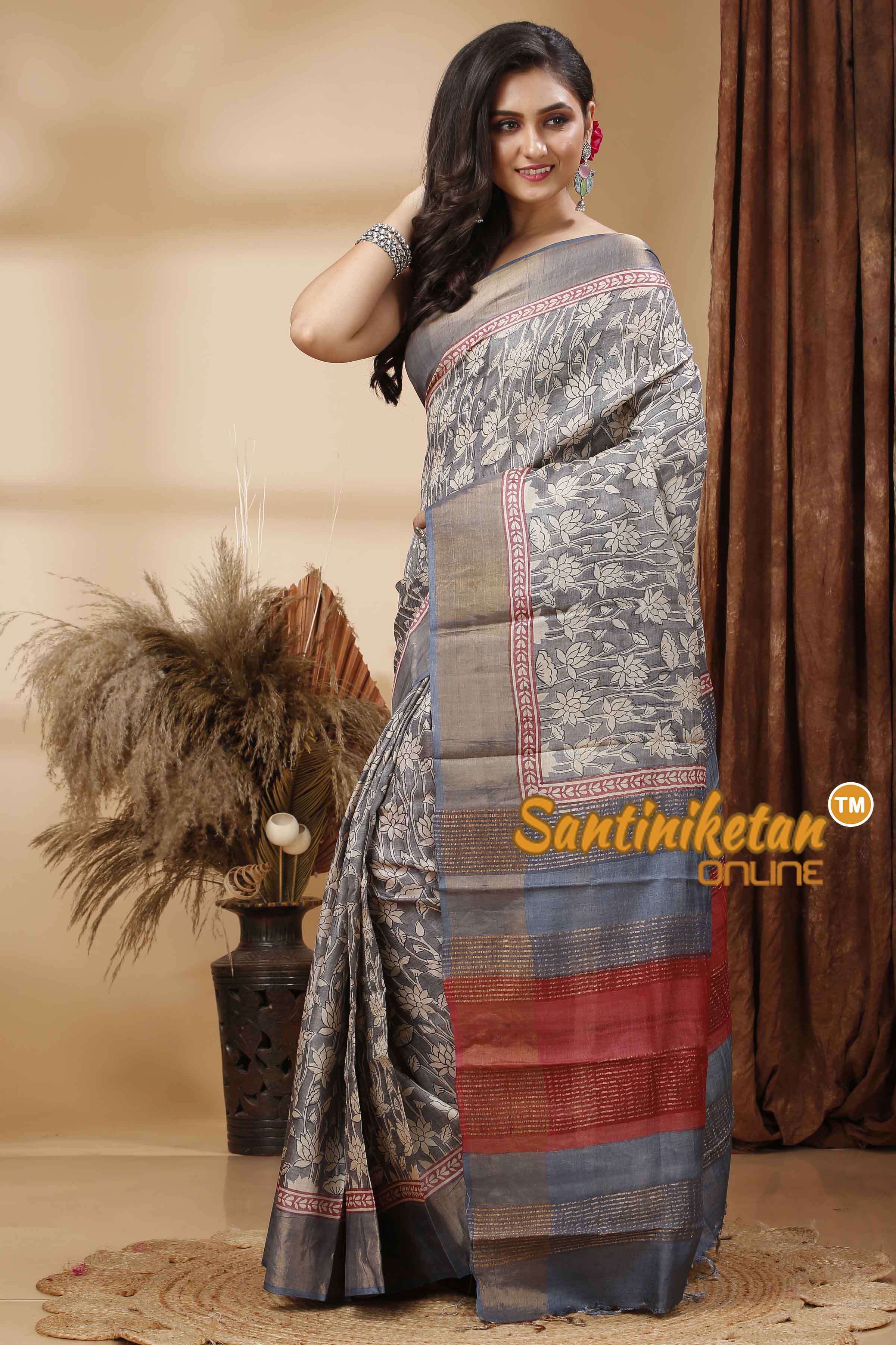 Pure Zari Tussar Hand Block Painted Saree SN202417236