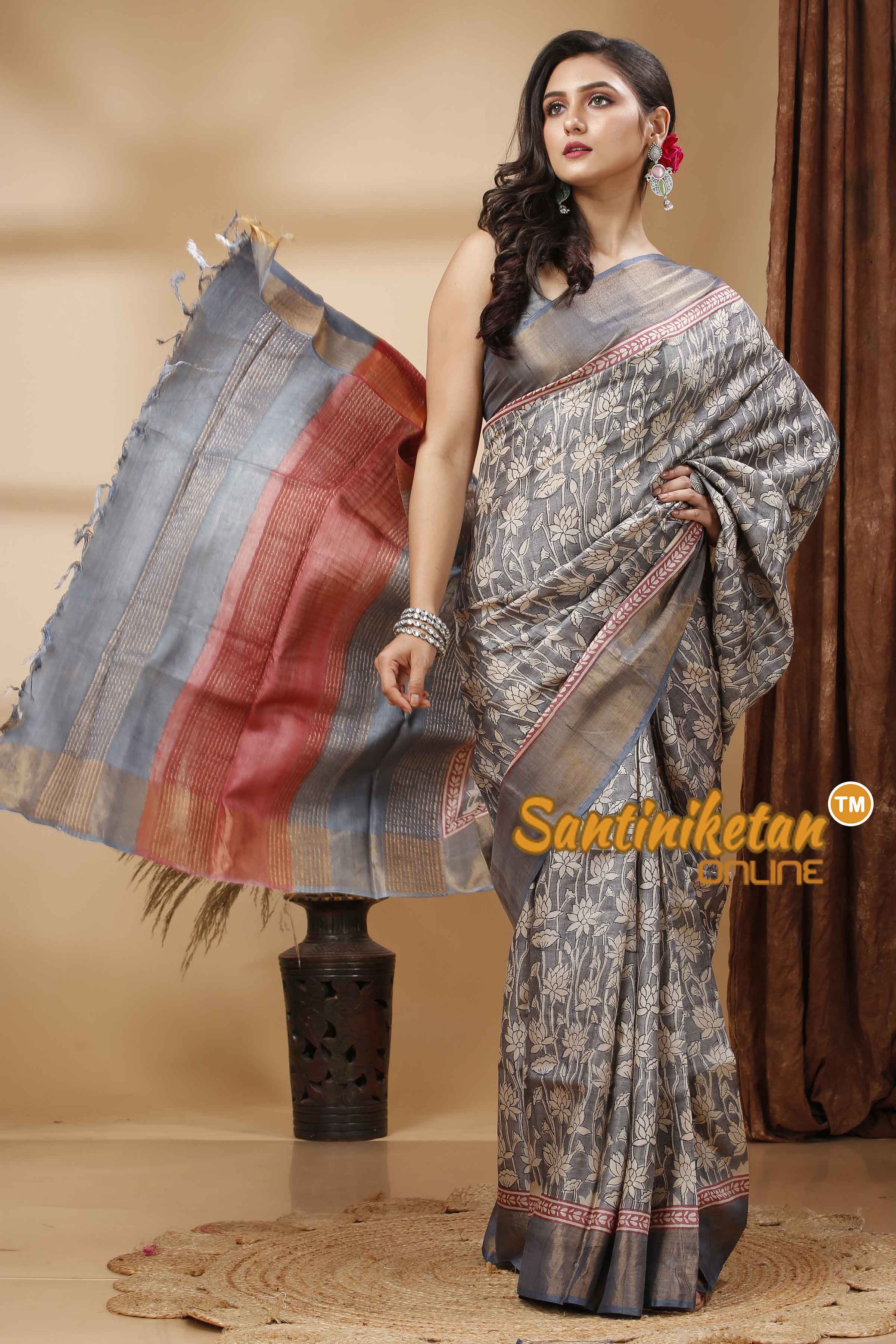 Pure Zari Tussar Hand Block Painted Saree SN202417236