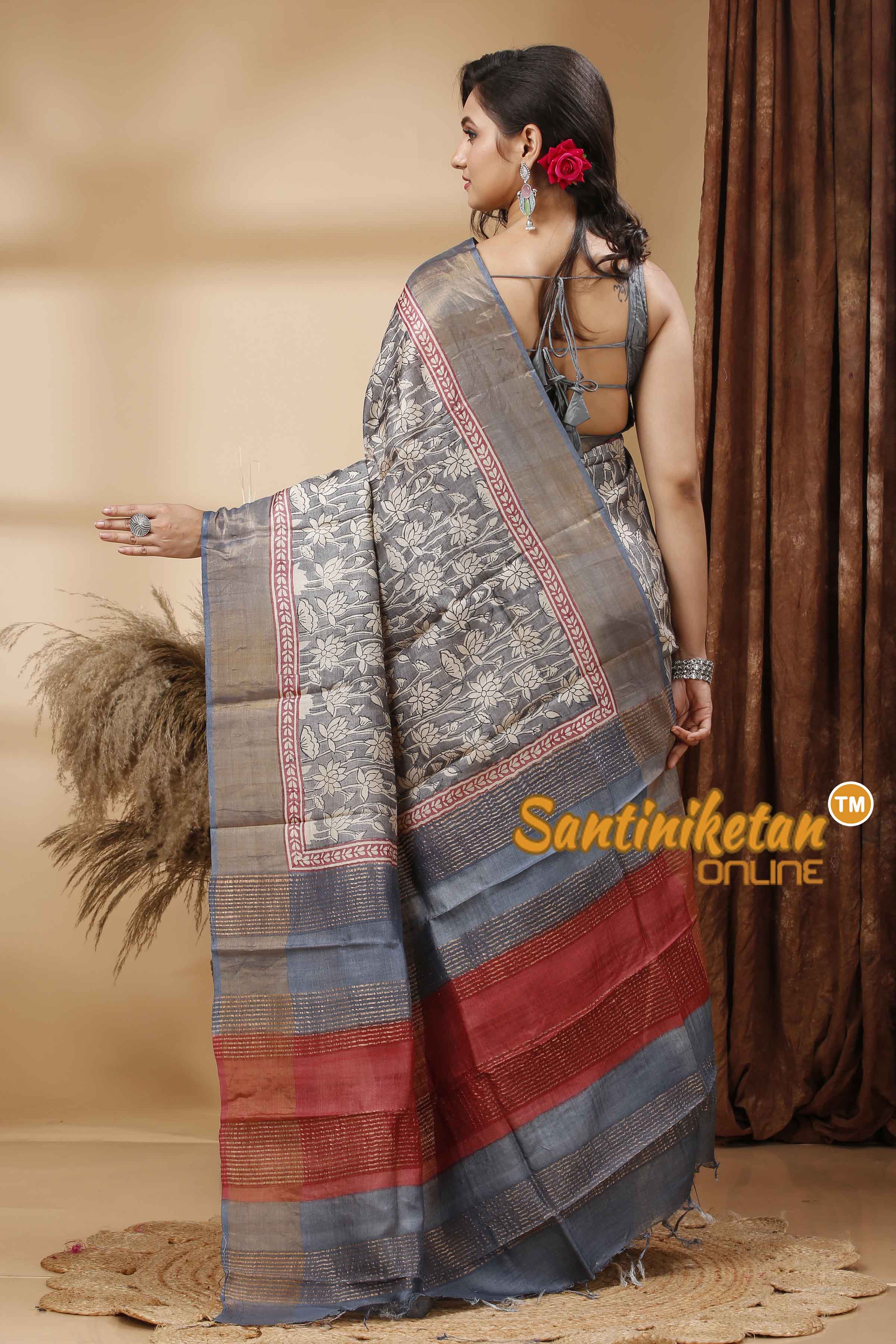 Pure Zari Tussar Hand Block Painted Saree SN202417236