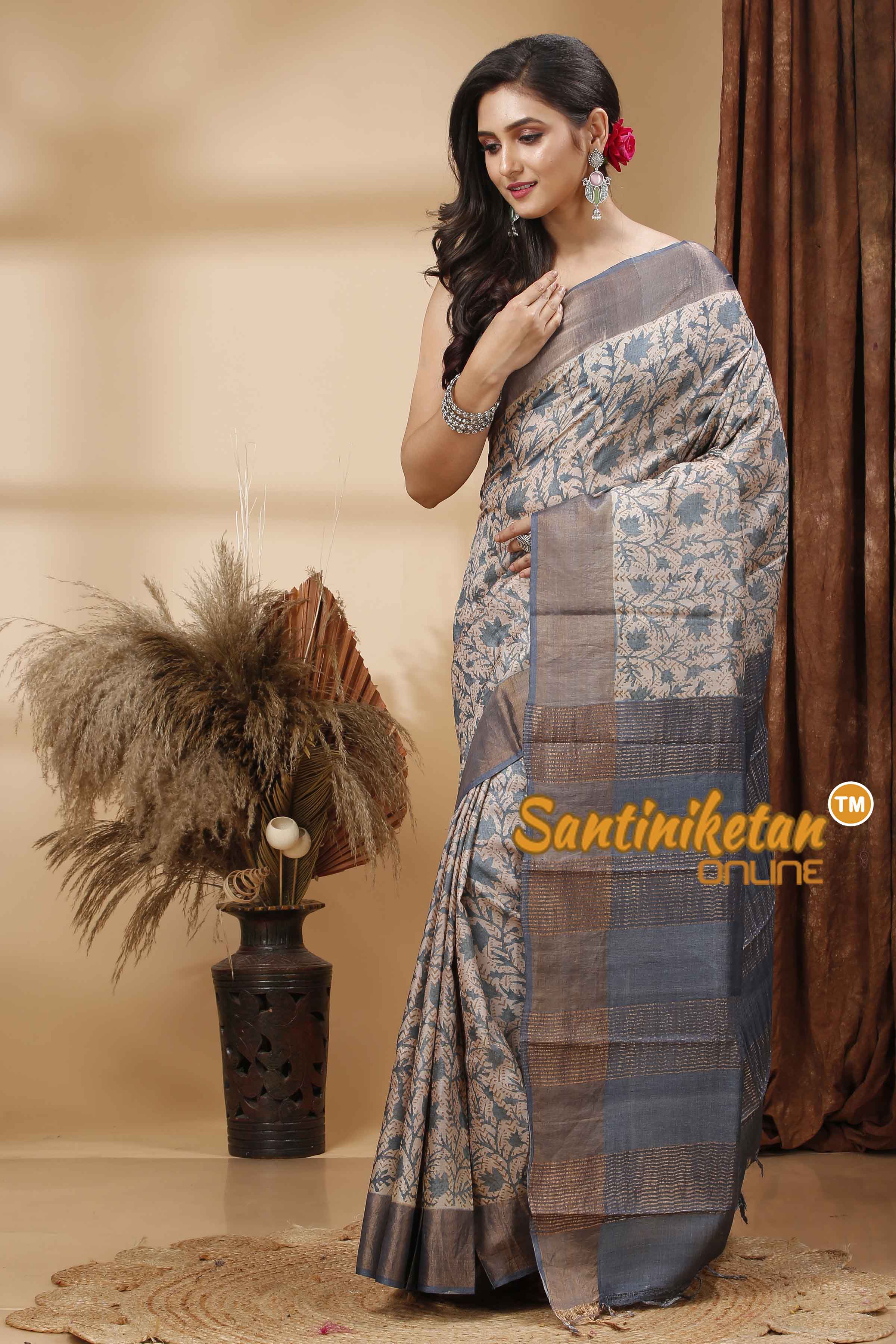 Pure Zari Tussar Hand Block Painted Saree SN202417278