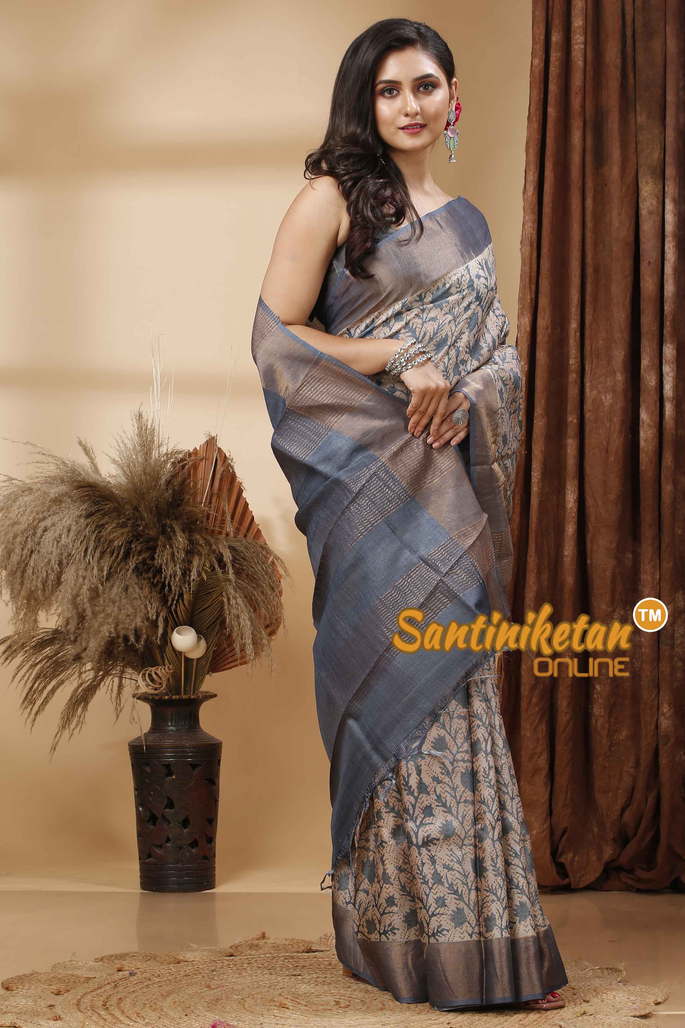 Pure Zari Tussar Hand Block Painted Saree SN202417278