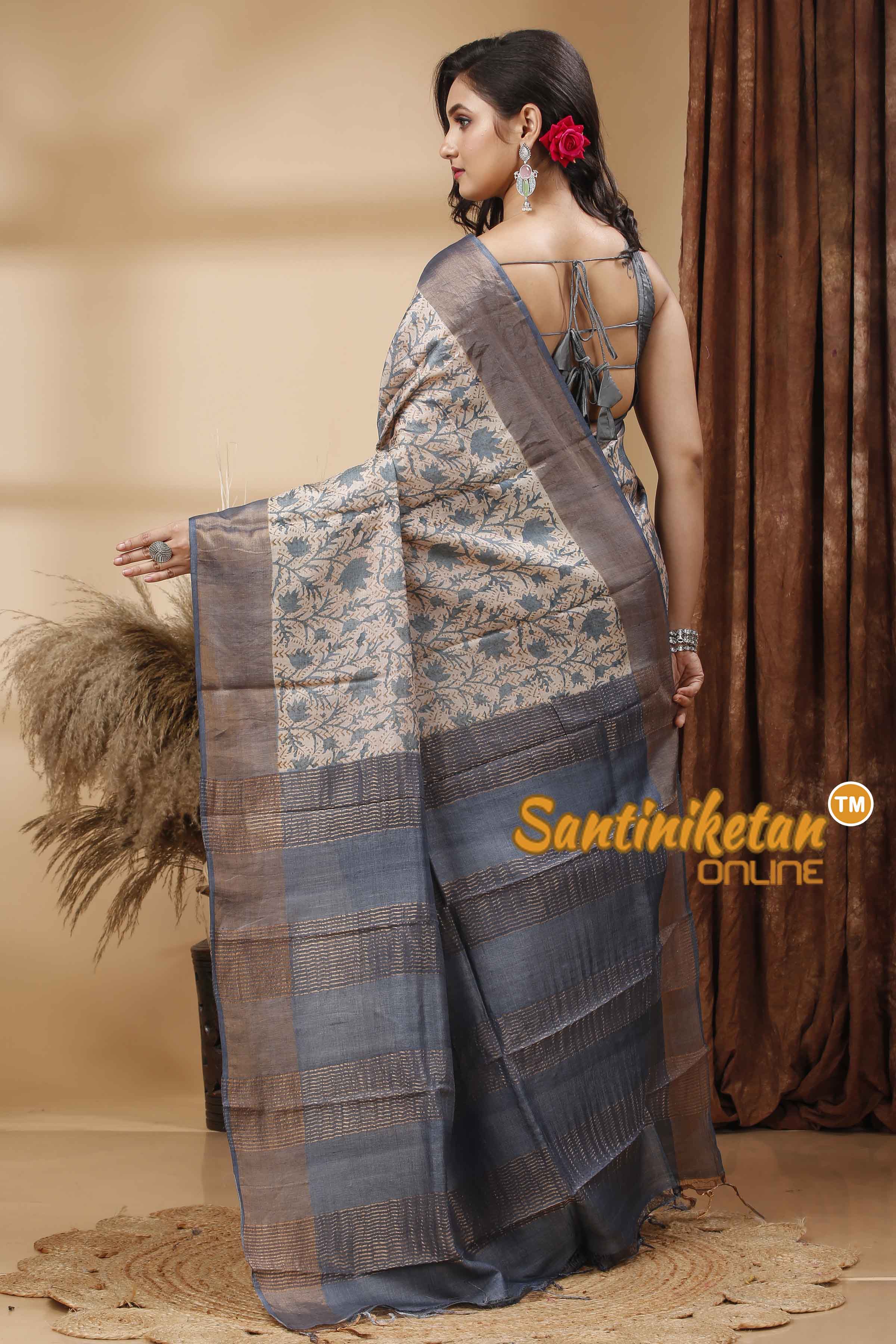 Pure Zari Tussar Hand Block Painted Saree SN202417278