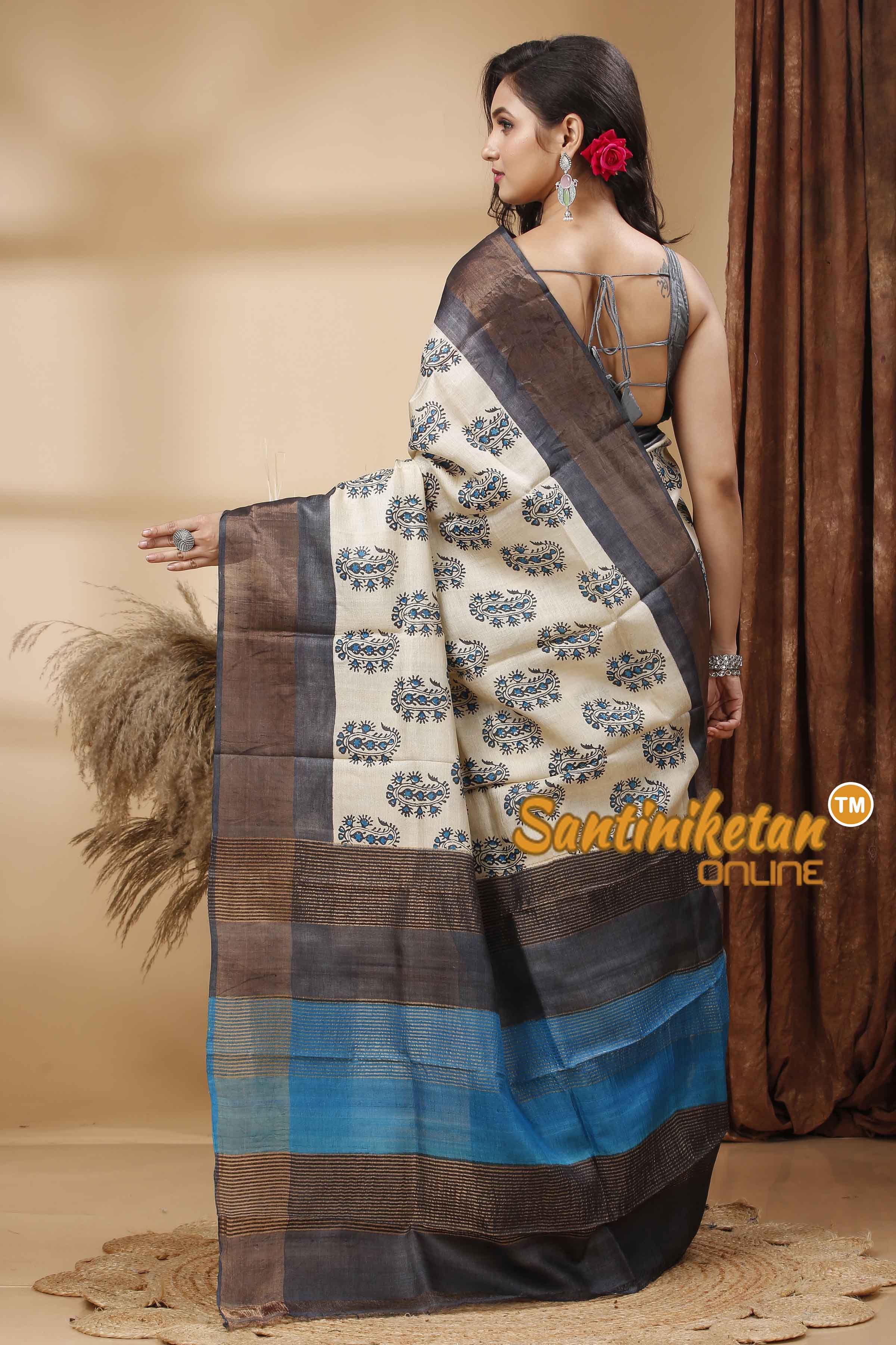 Pure Zari Tussar Hand Block Painted Saree SN202417296