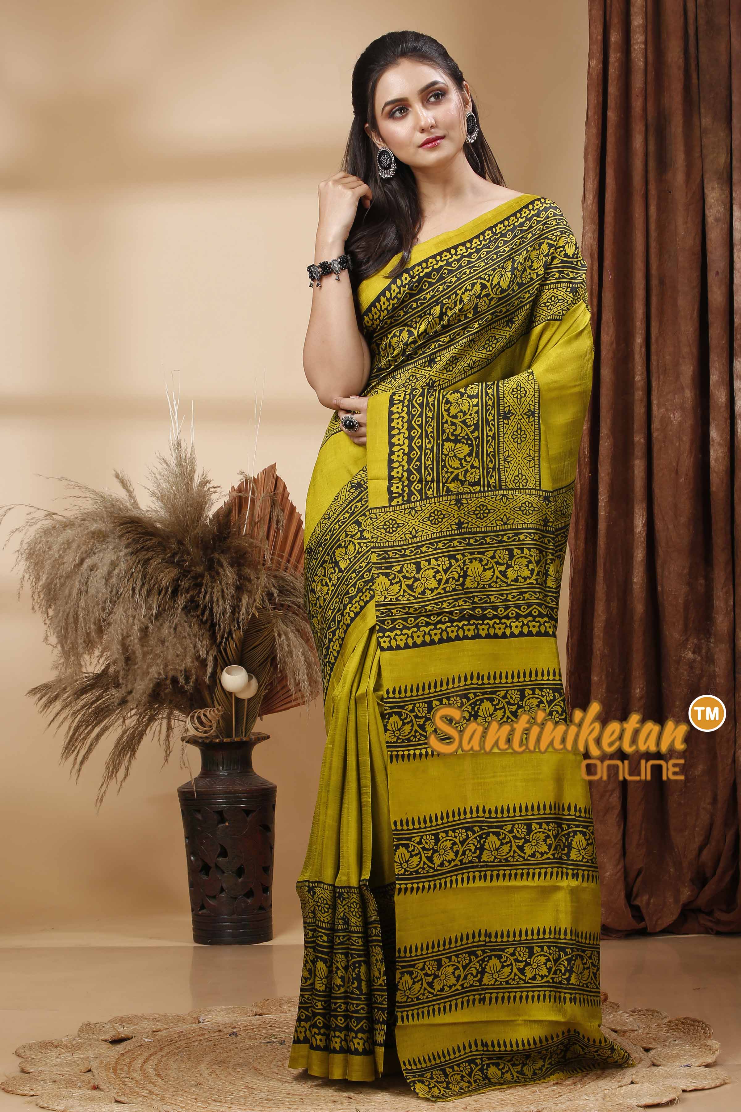 Hand Block Paint On Murshidabad Silk Saree SN202417458