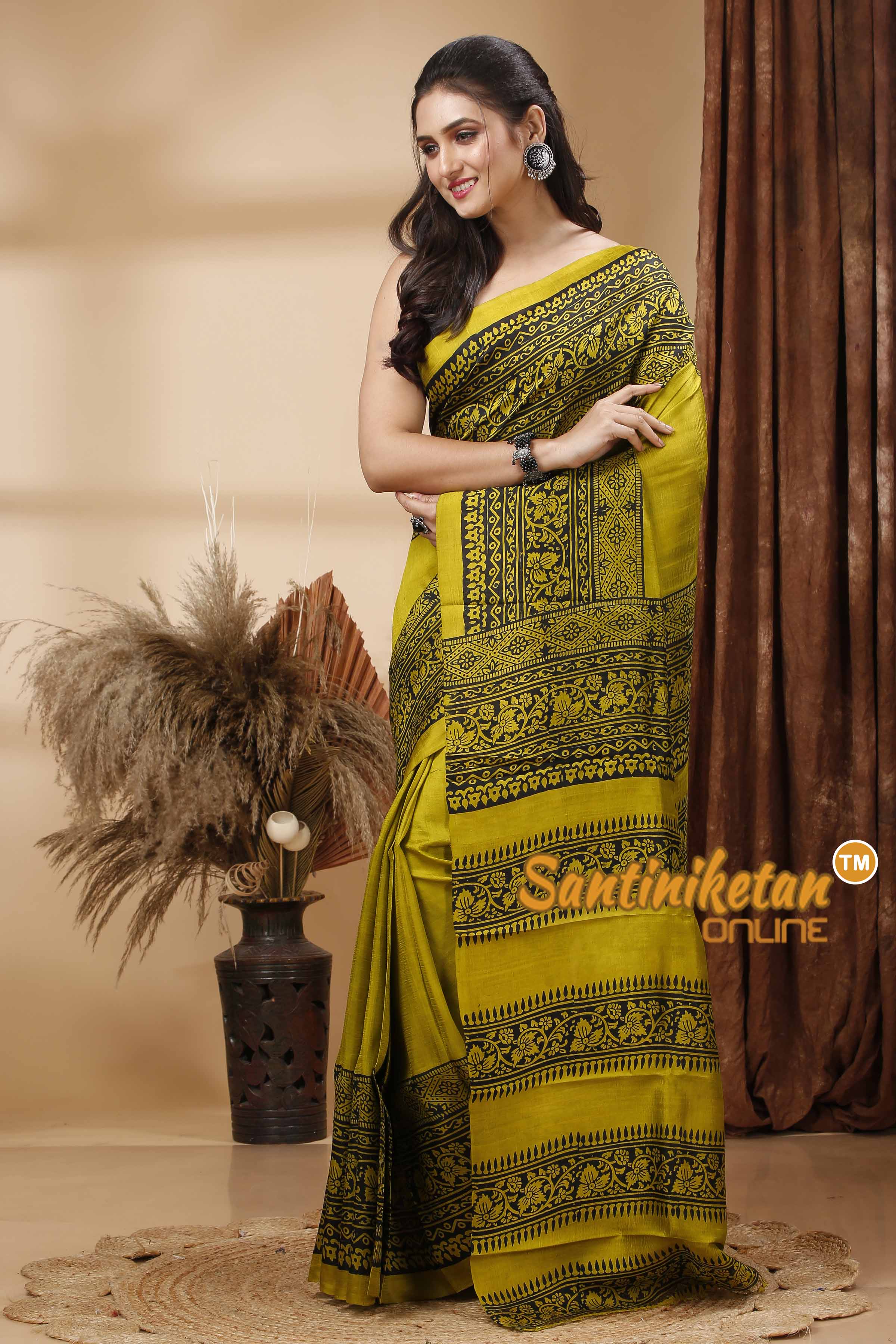 Hand Block Paint On Murshidabad Silk Saree SN202417458