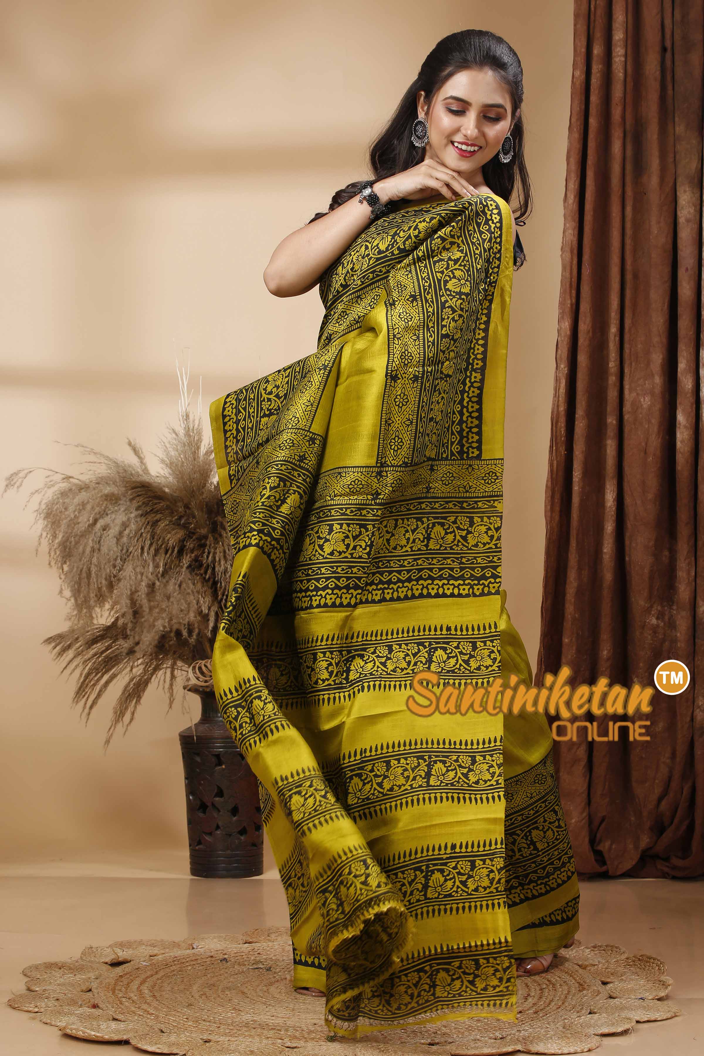 Hand Block Paint On Murshidabad Silk Saree SN202417458