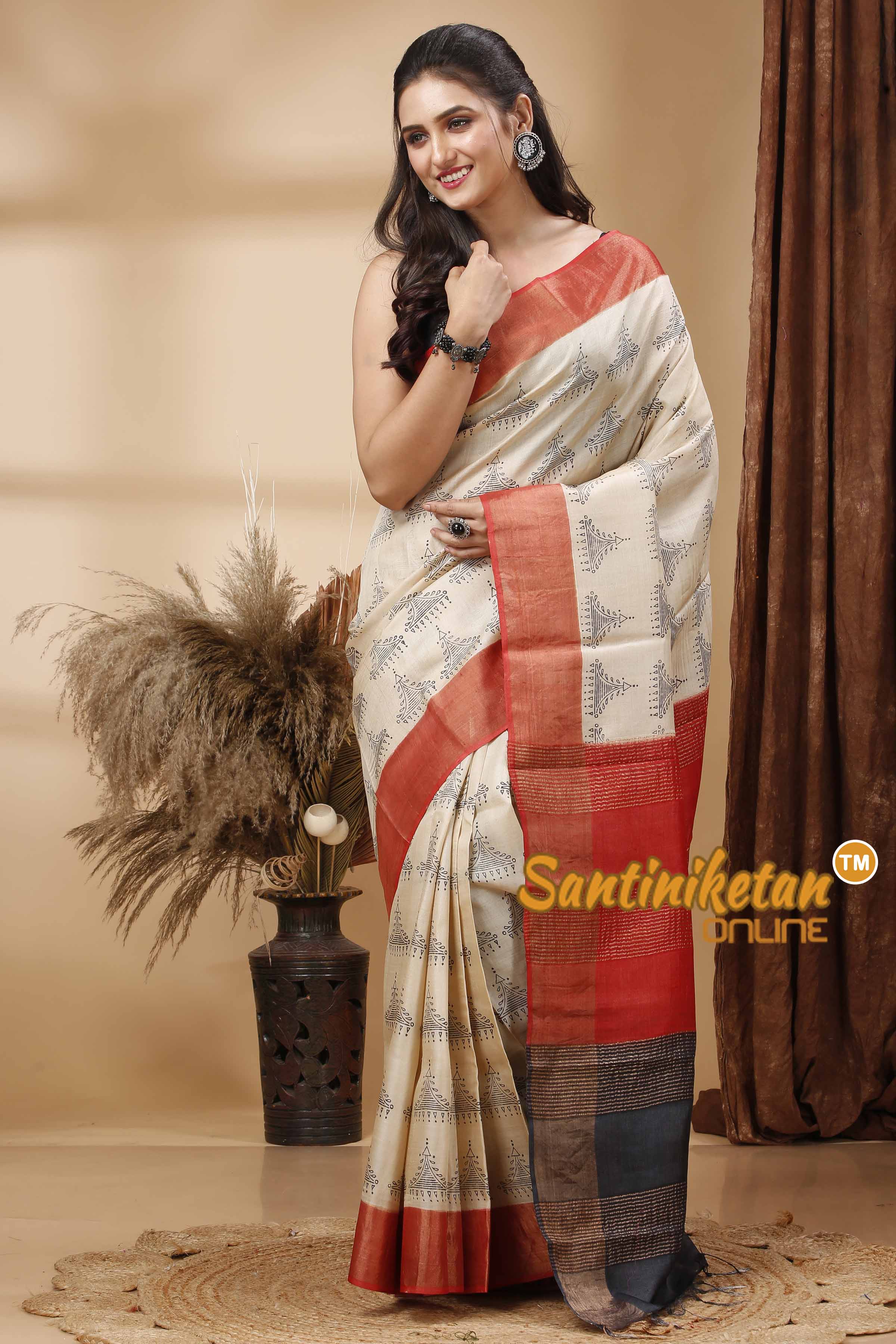 Pure Zari Tussar Hand Block Painted Saree SN202417476