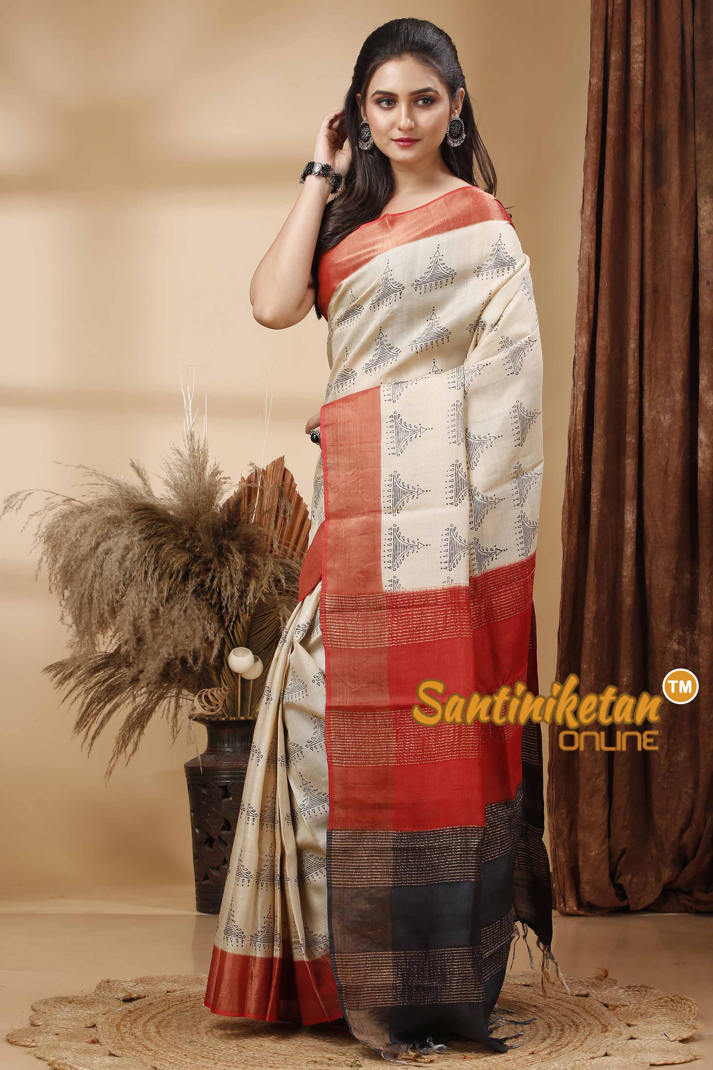 Pure Zari Tussar Hand Block Painted Saree SN202417476