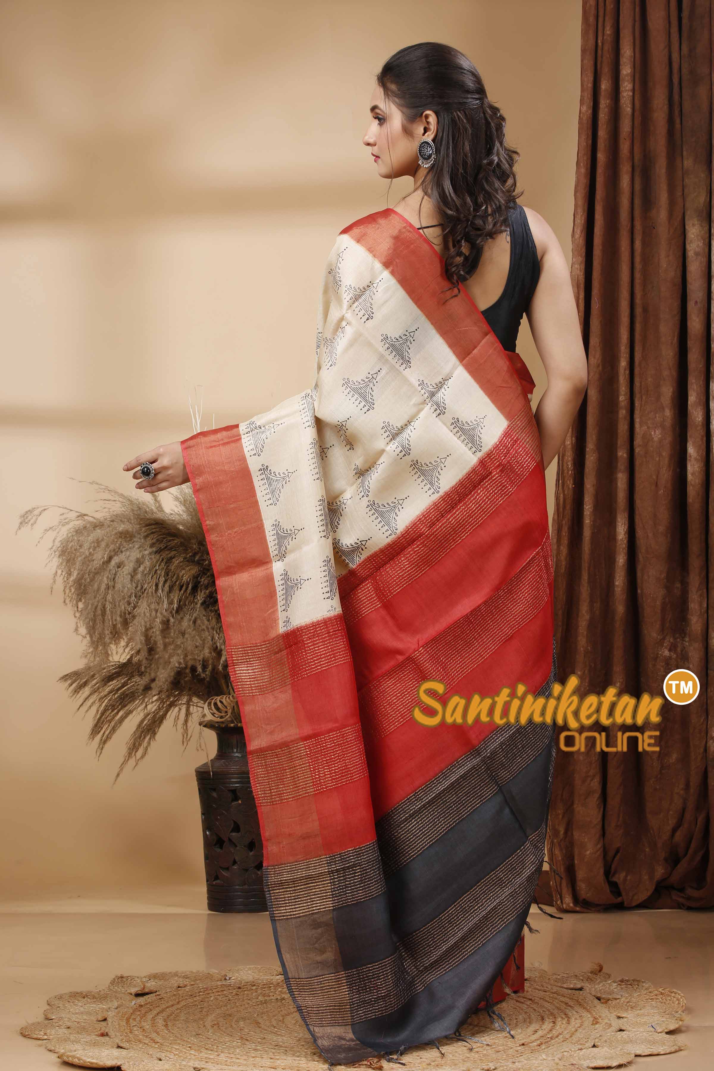 Pure Zari Tussar Hand Block Painted Saree SN202417476