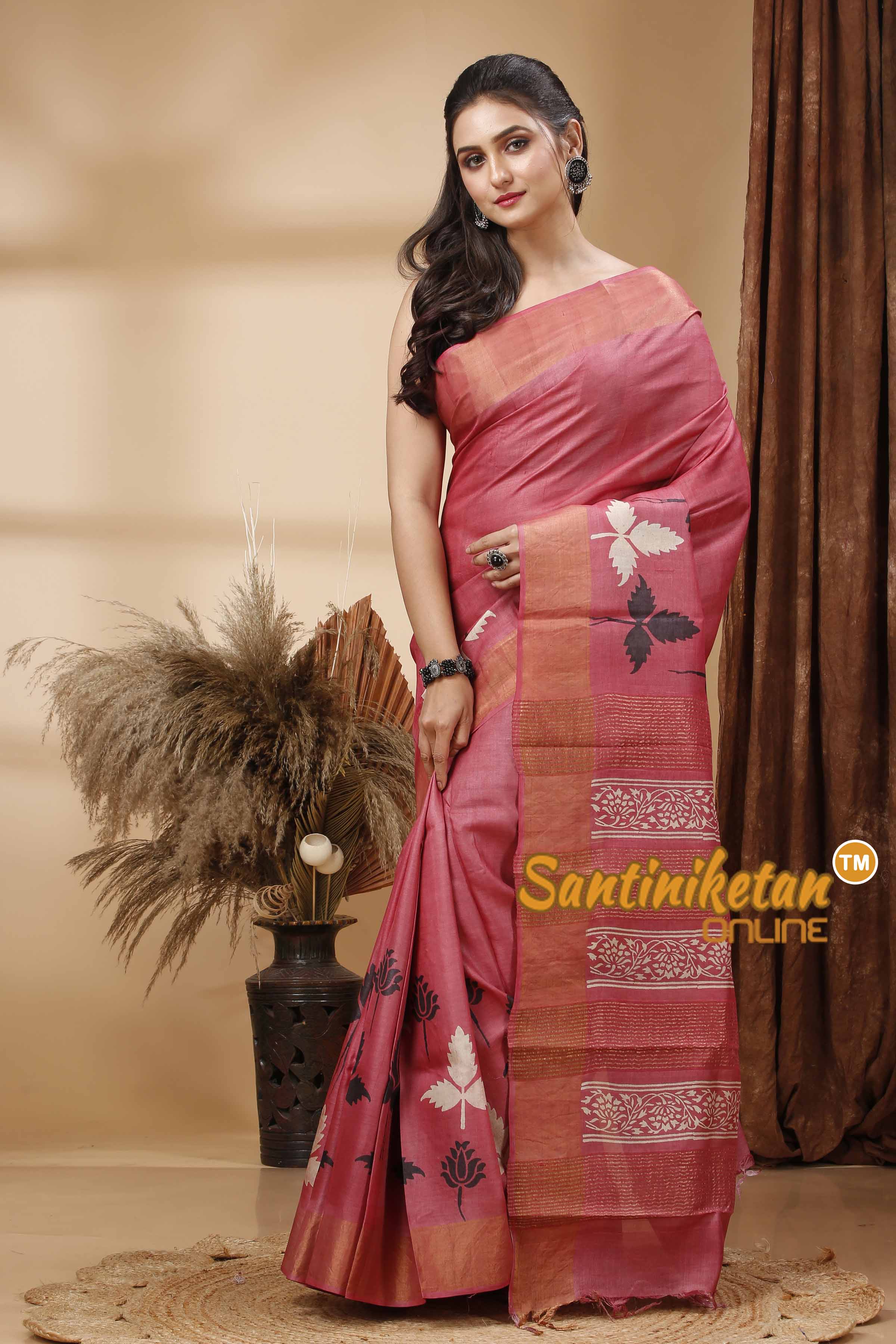 Pure Zari Tussar Hand Block Painted Saree SN202417536