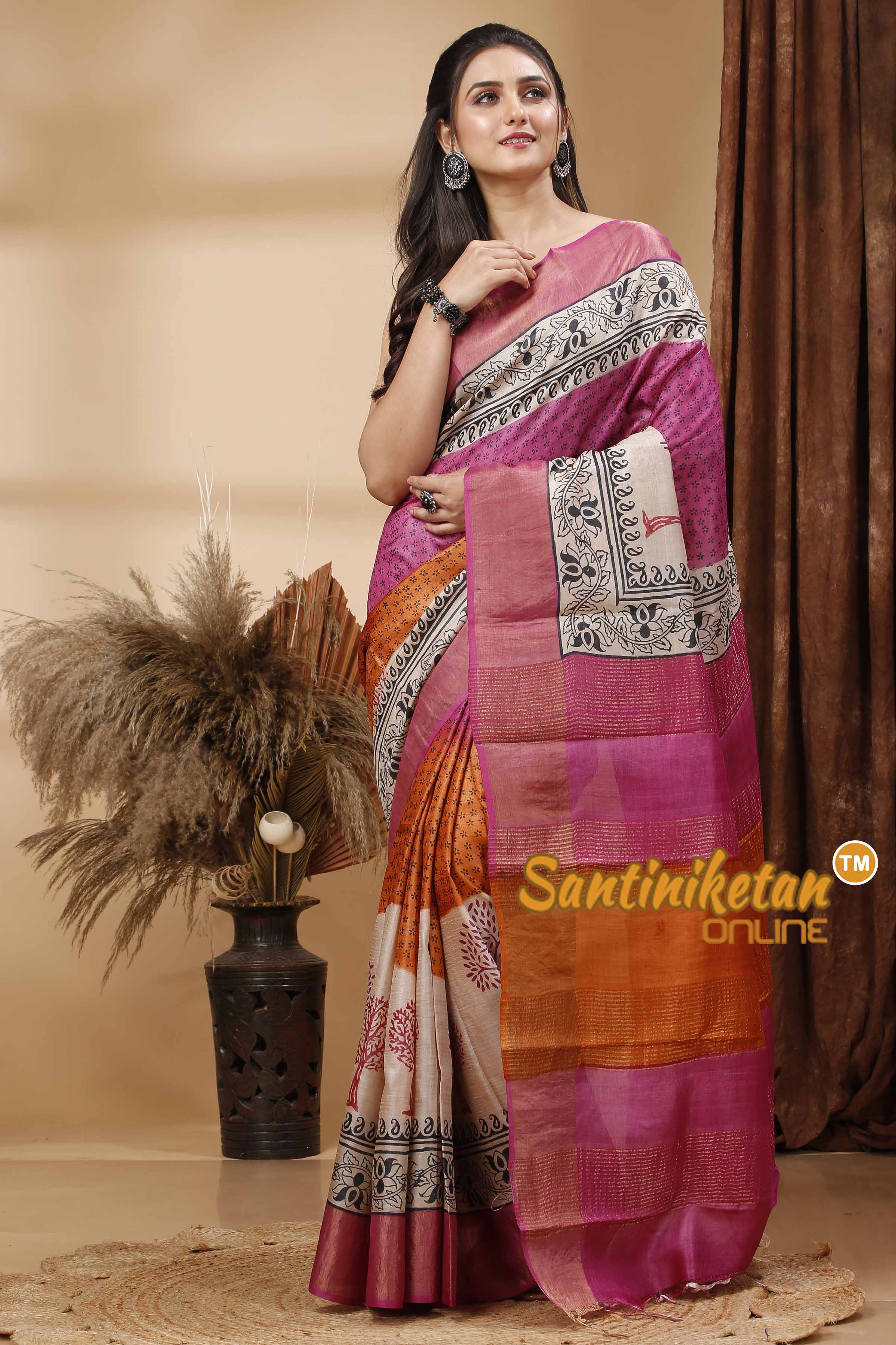 Pure Zari Tussar Hand Block Painted Saree SN202417548