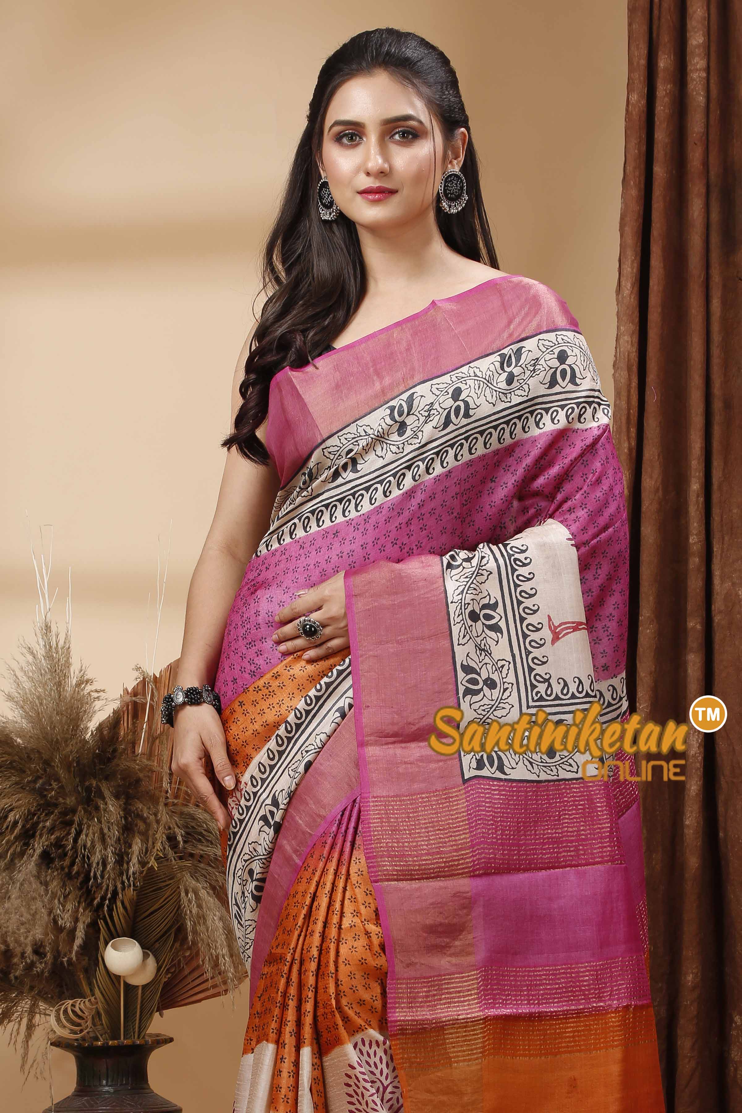 Pure Zari Tussar Hand Block Painted Saree SN202417548