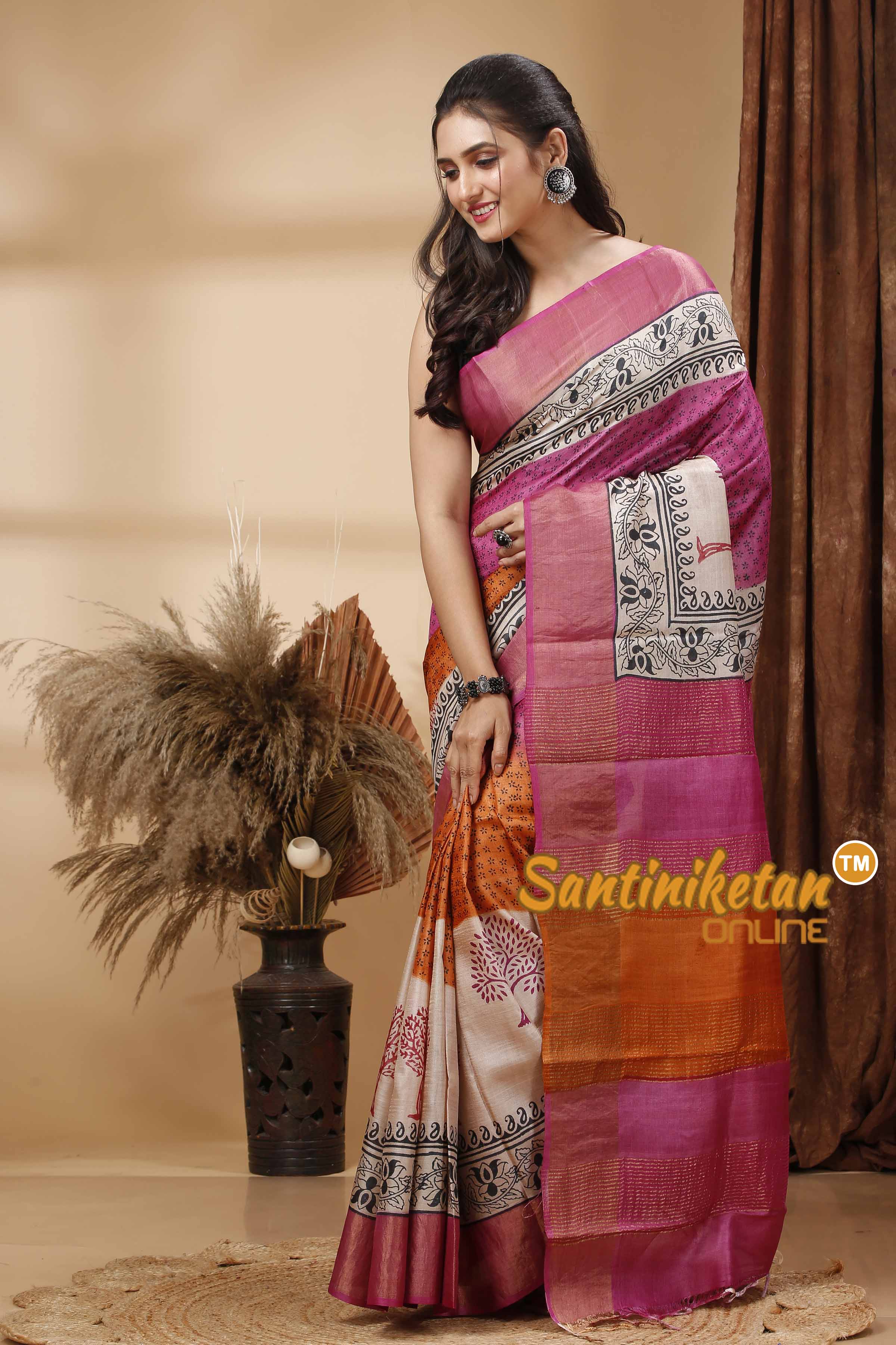 Pure Zari Tussar Hand Block Painted Saree SN202417548