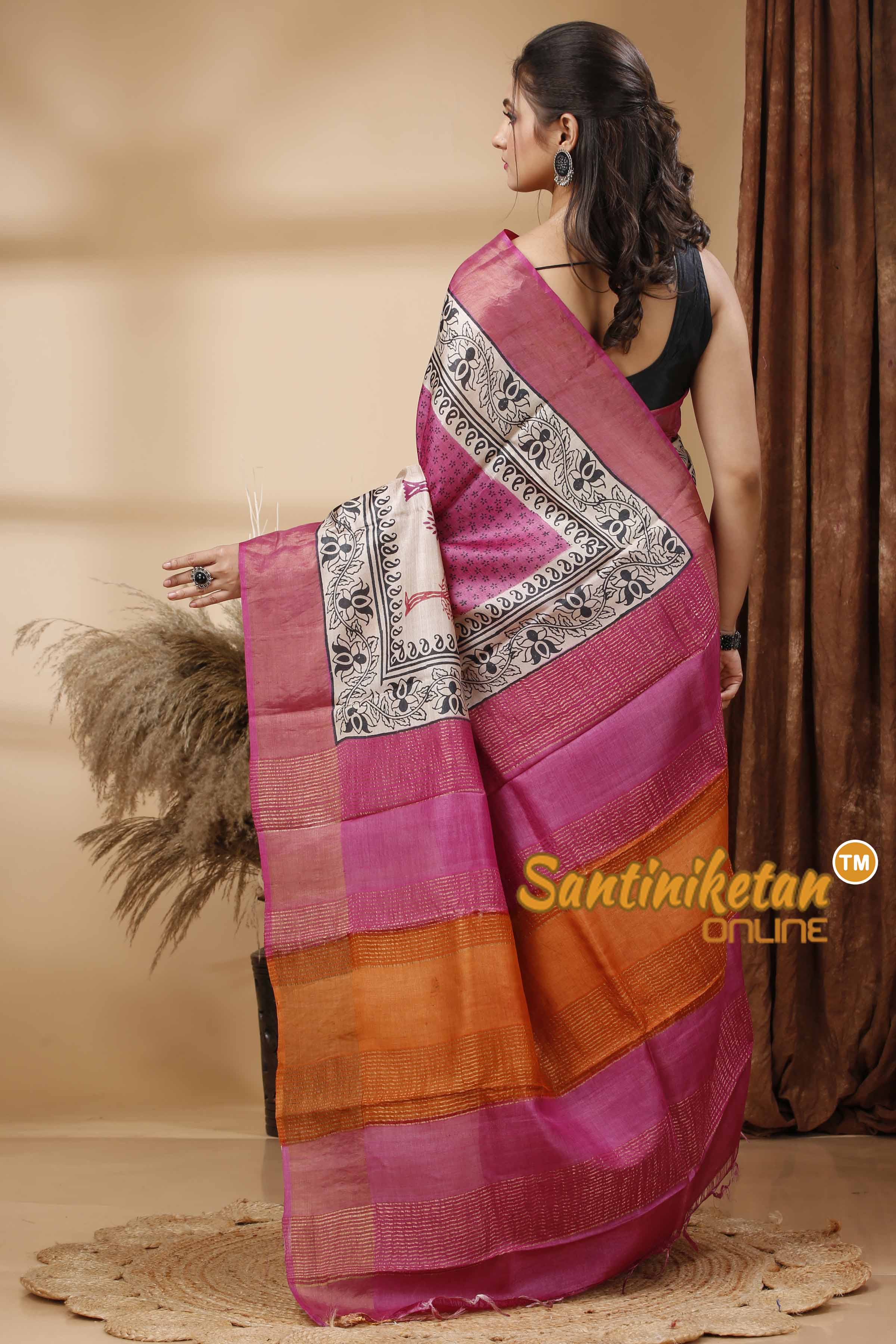 Pure Zari Tussar Hand Block Painted Saree SN202417548