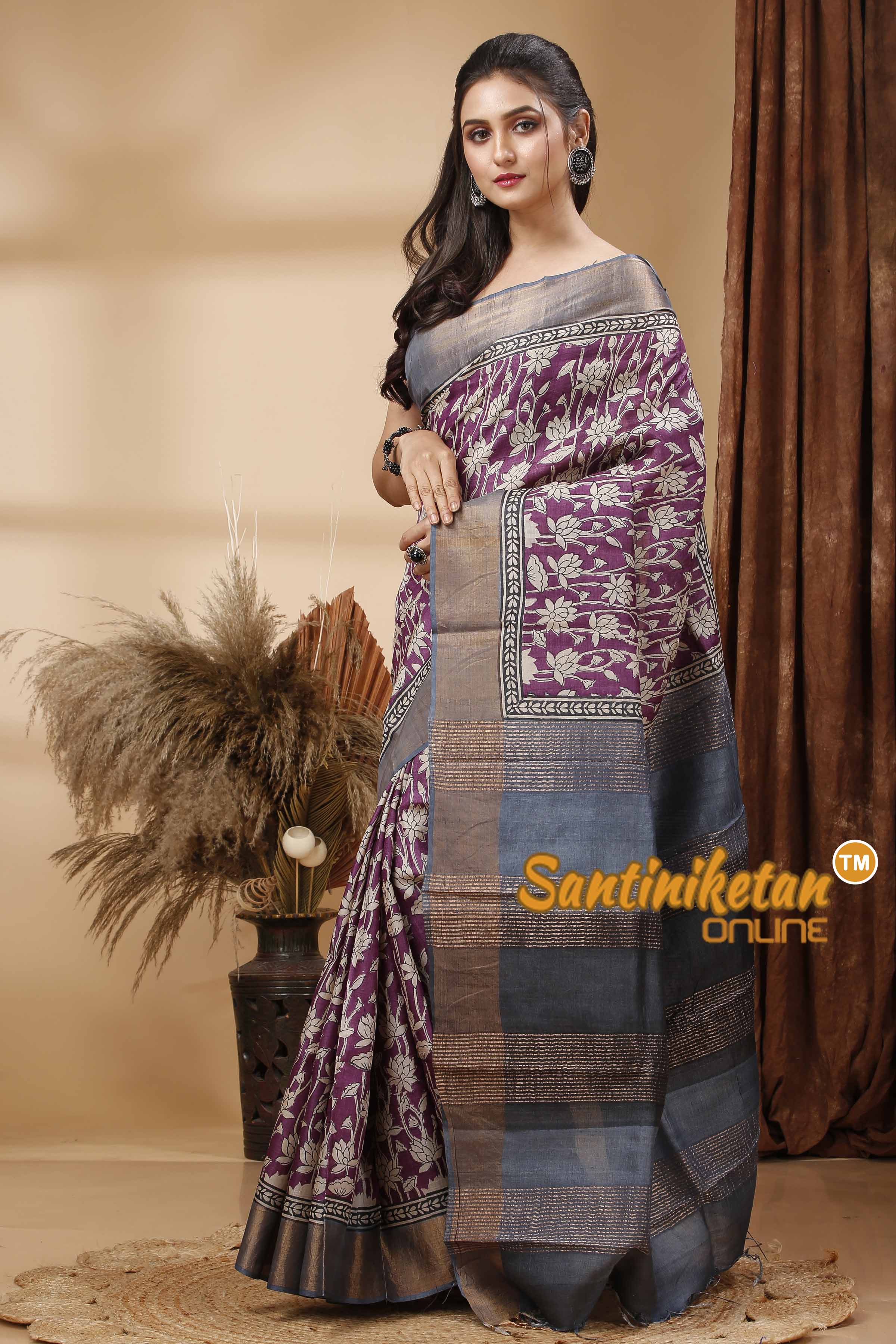 Pure Zari Tussar Hand Block Painted Saree SN202417560