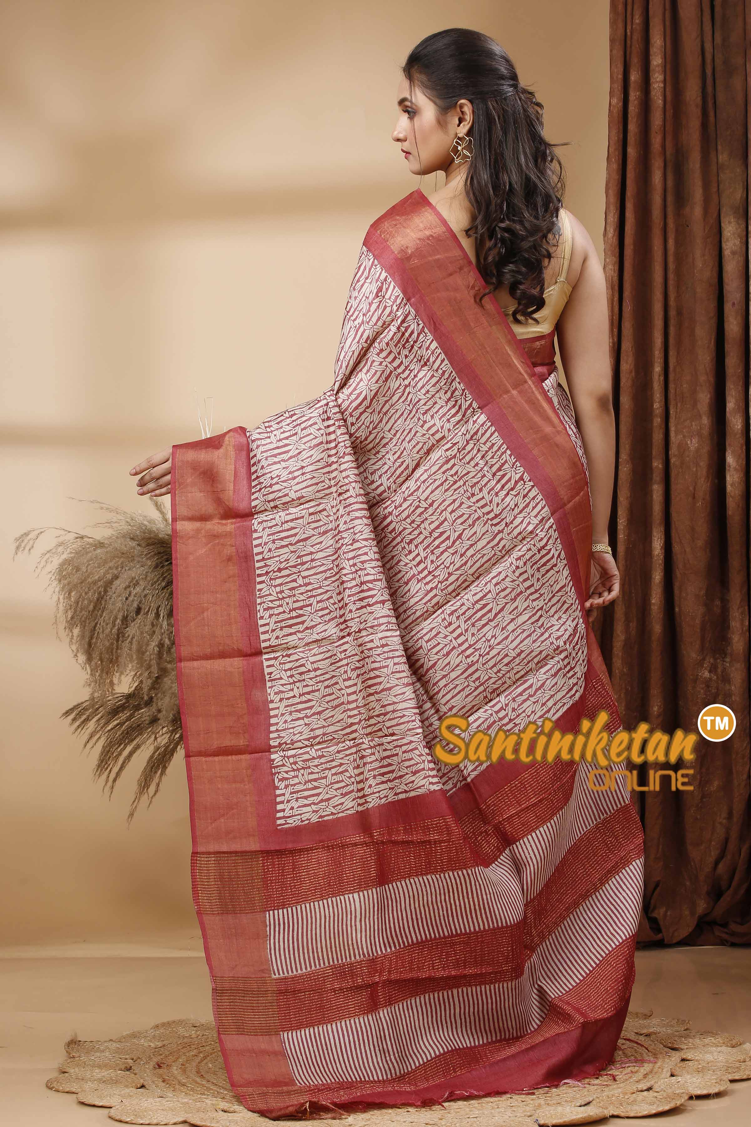 Pure Zari Tussar Hand Block Painted Saree SN202417662