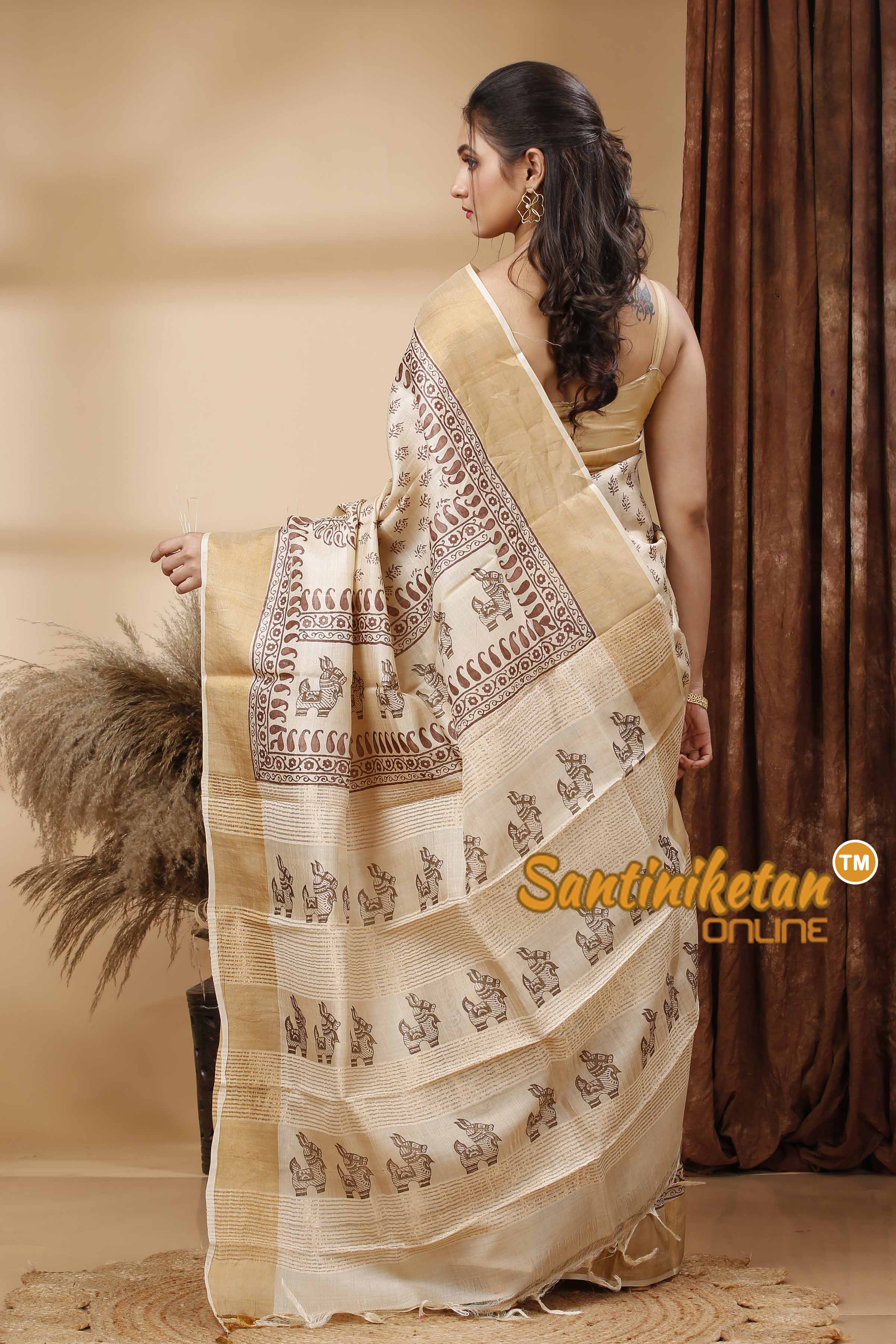 Pure Zari Tussar Hand Block Painted Saree SN202417691