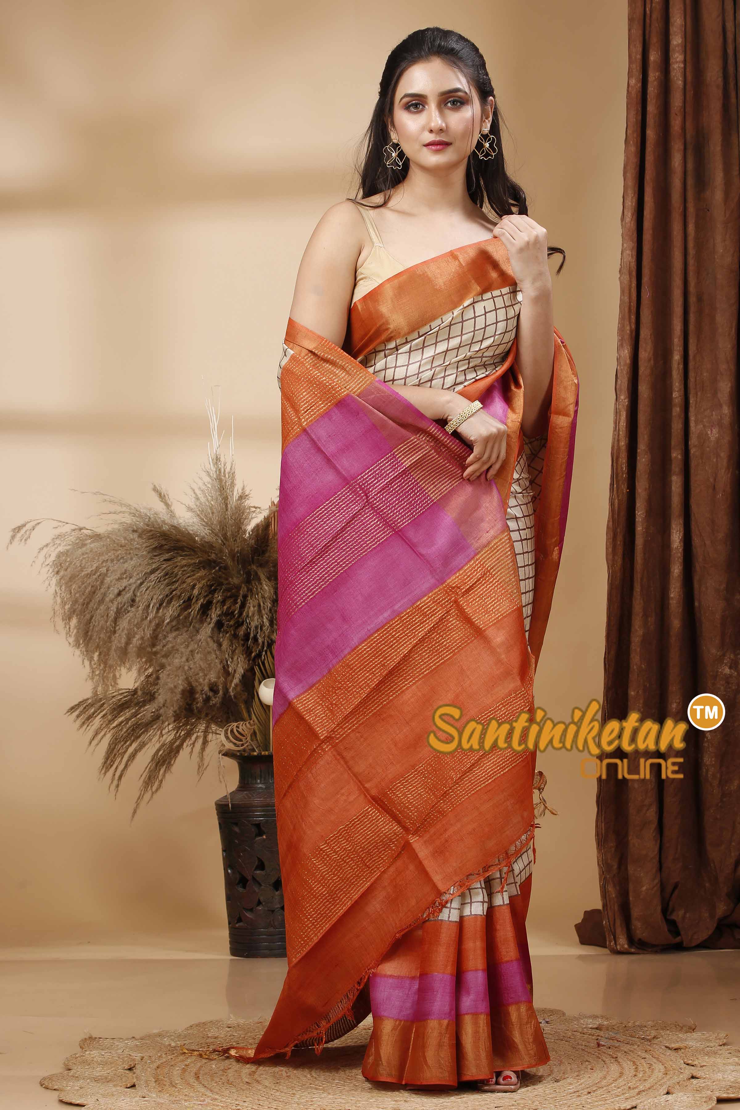 Pure Zari Tussar Hand Block Painted Saree SN202417697
