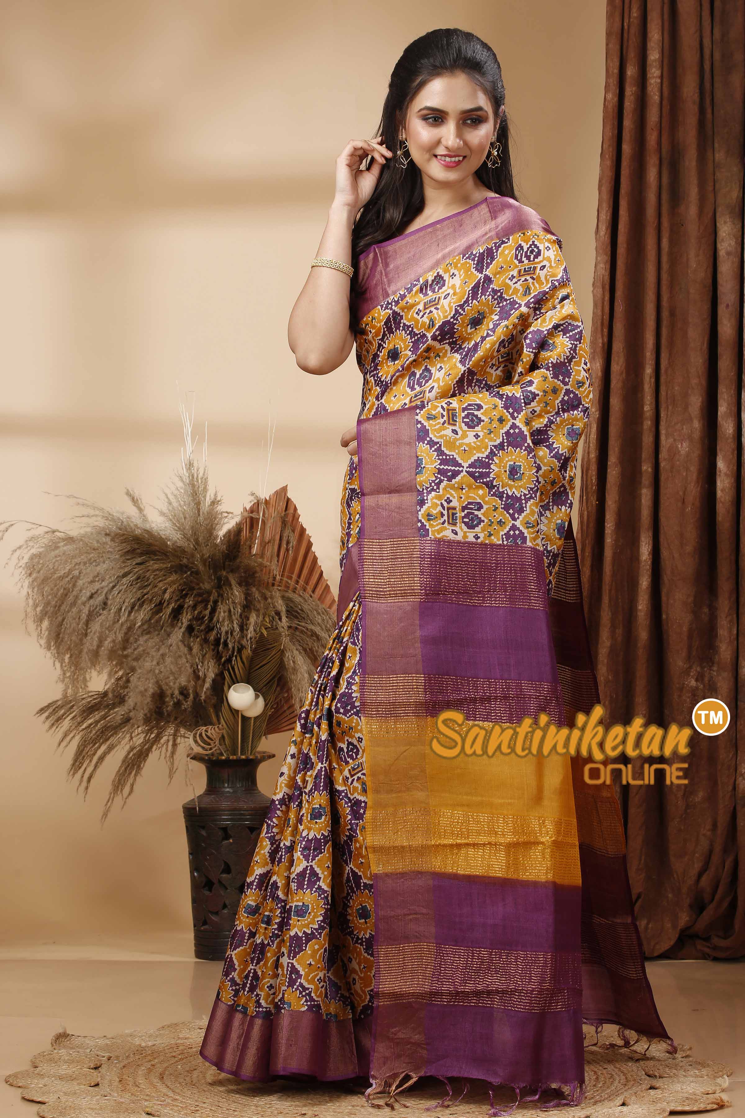 Pure Zari Tussar Hand Block Painted Saree SN202417704