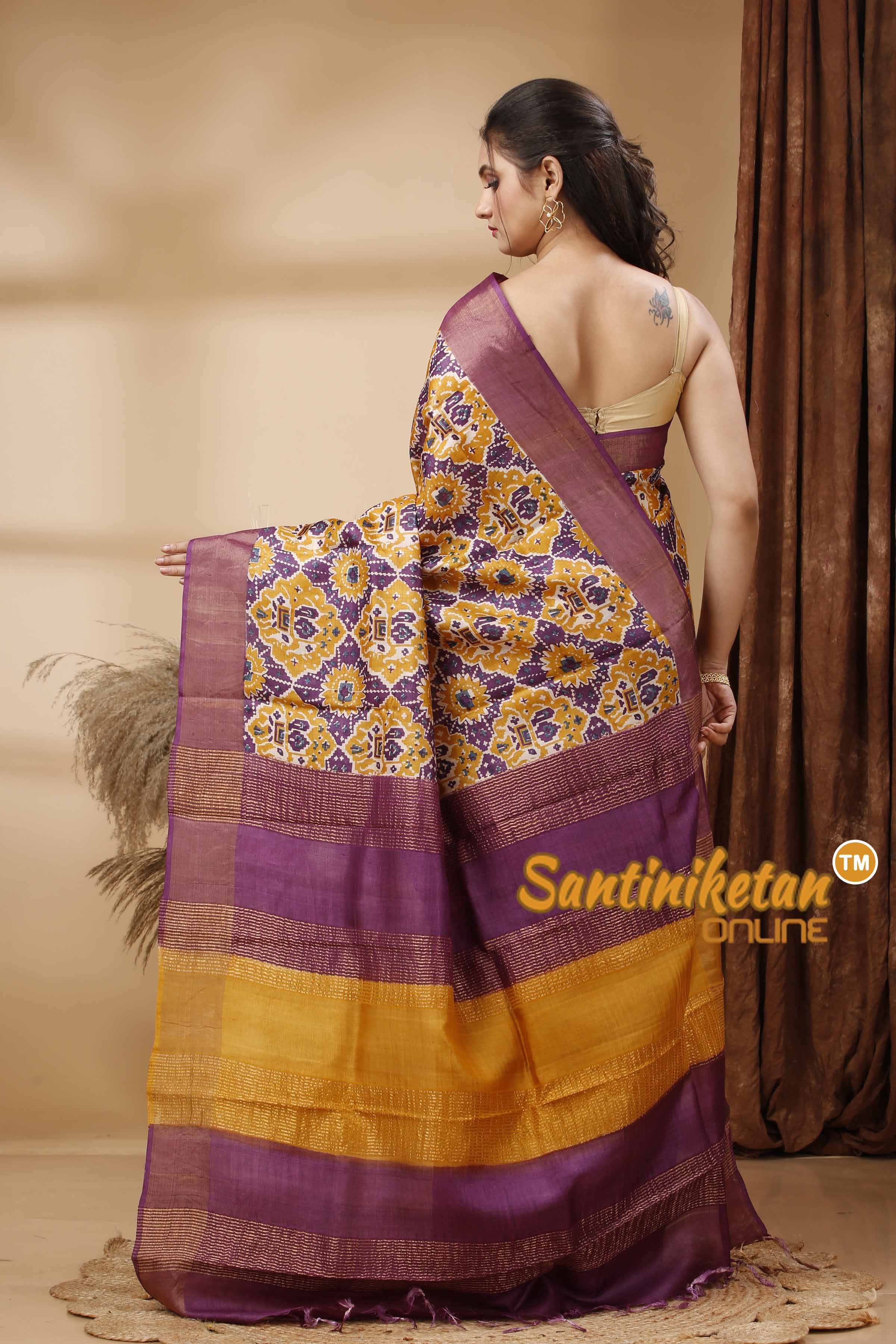 Pure Zari Tussar Hand Block Painted Saree SN202417704