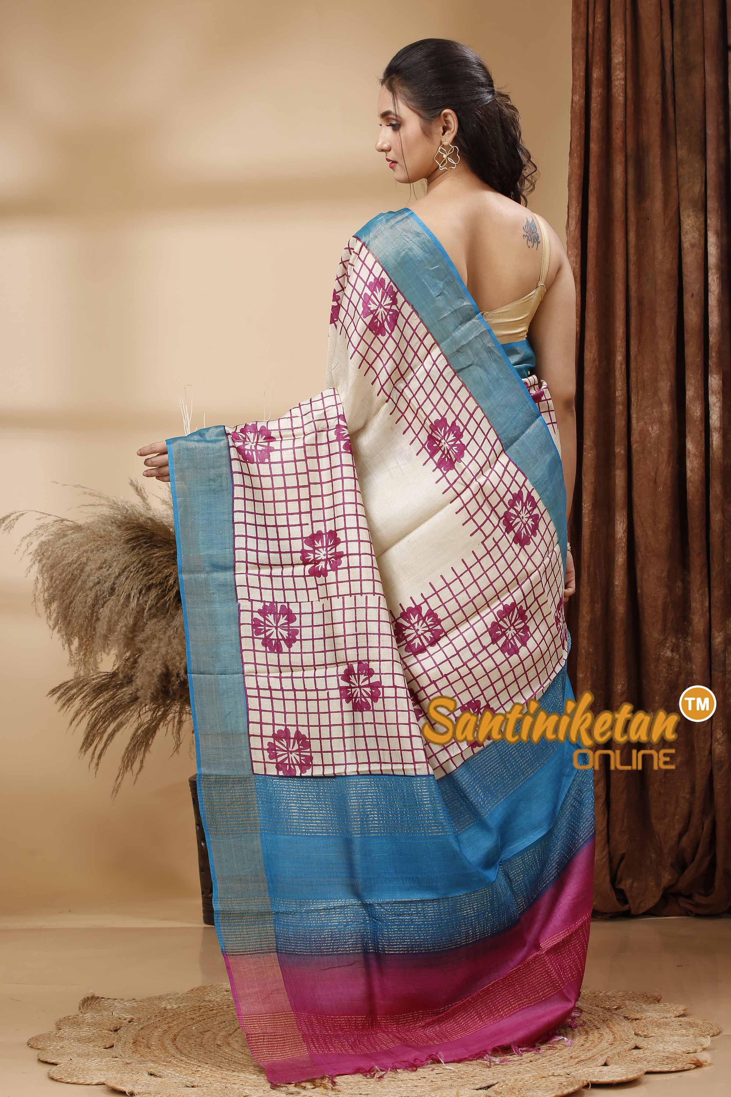 Pure Zari Tussar Hand Block Painted Saree SN202417716