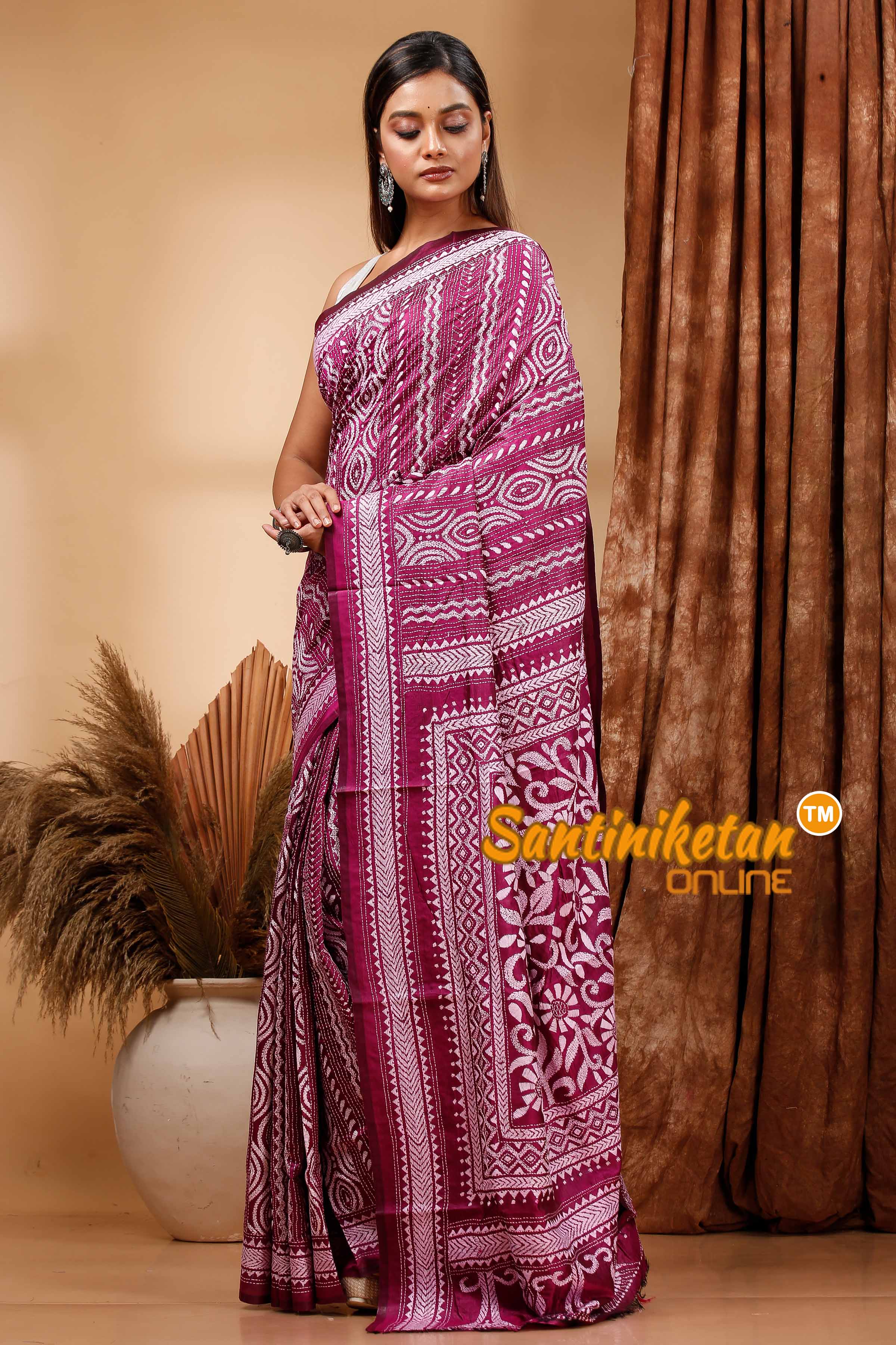 PBishnupuri (Katan) Silk Kantha Stitch Saree SN202419740