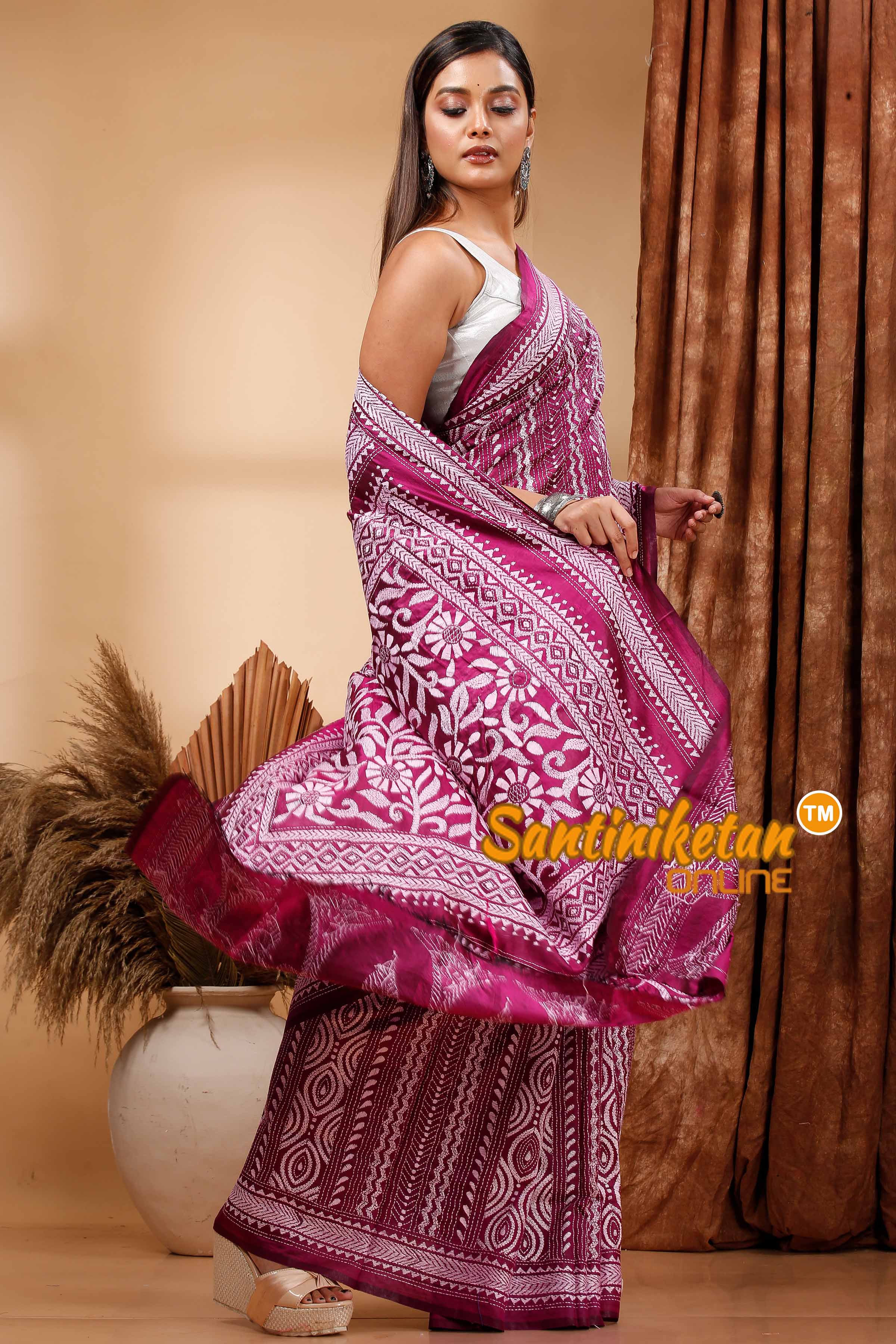 PBishnupuri (Katan) Silk Kantha Stitch Saree SN202419740