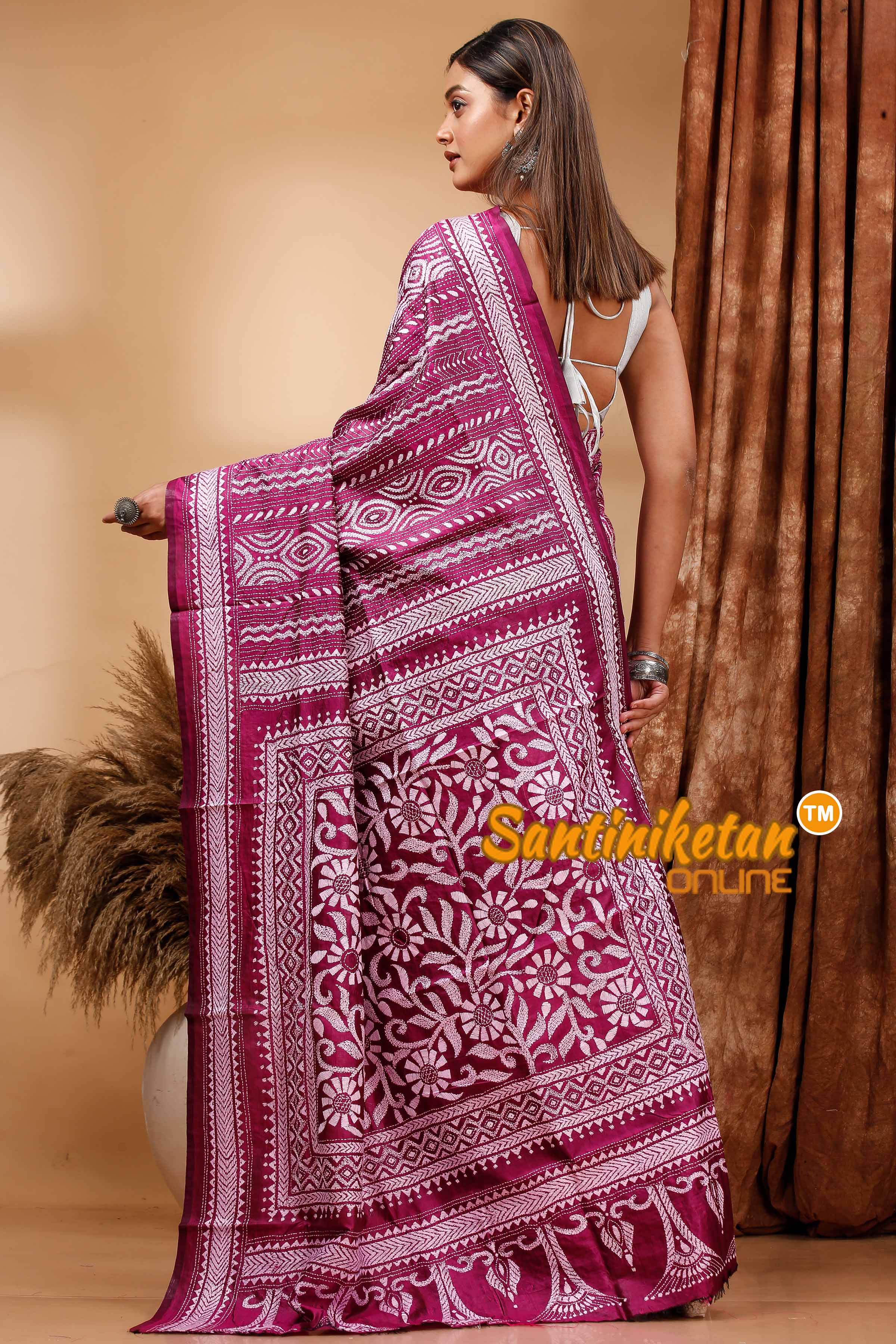 PBishnupuri (Katan) Silk Kantha Stitch Saree SN202419740