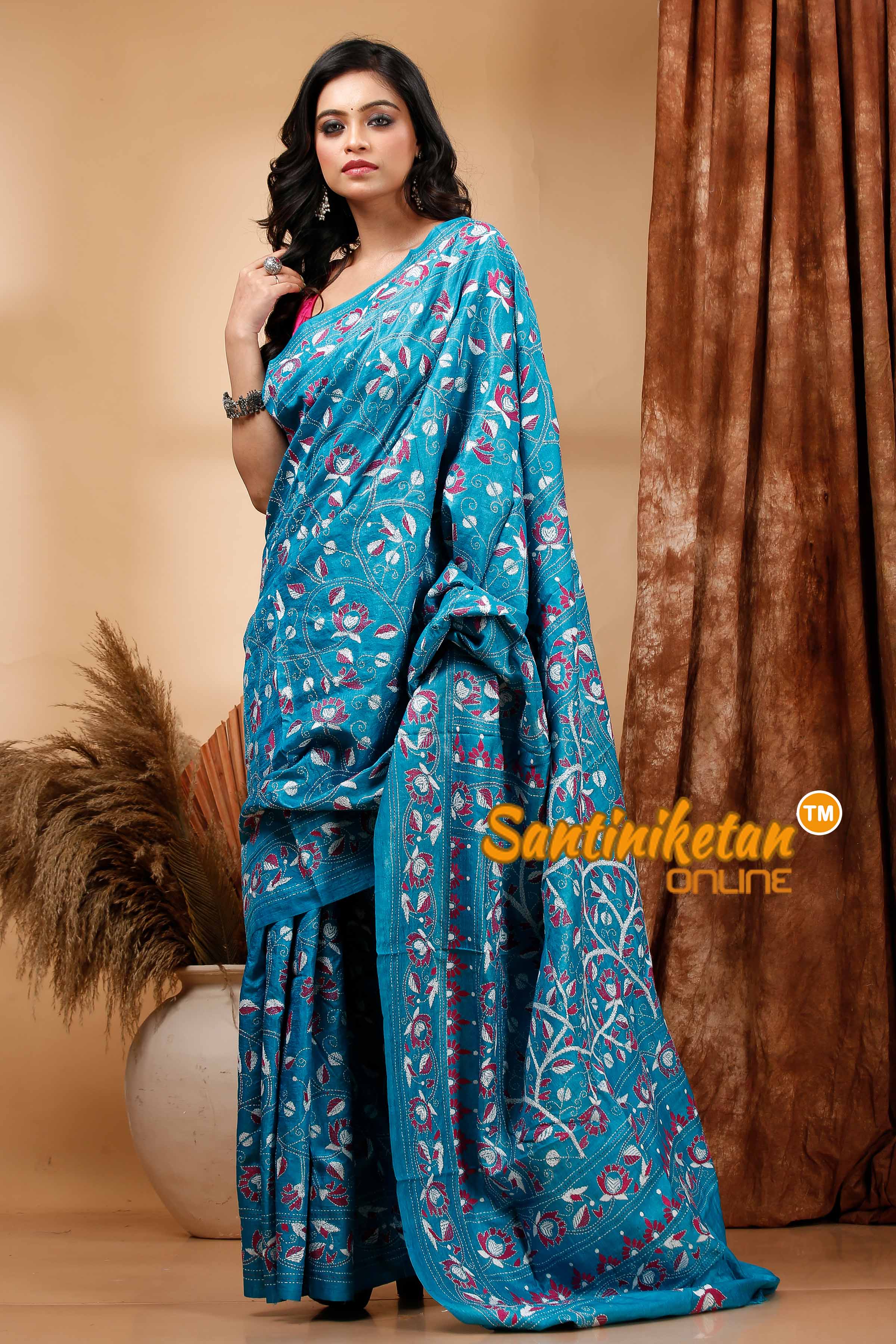 Pure Dye Tussar Silk Kantha Stitch Saree SN202420036