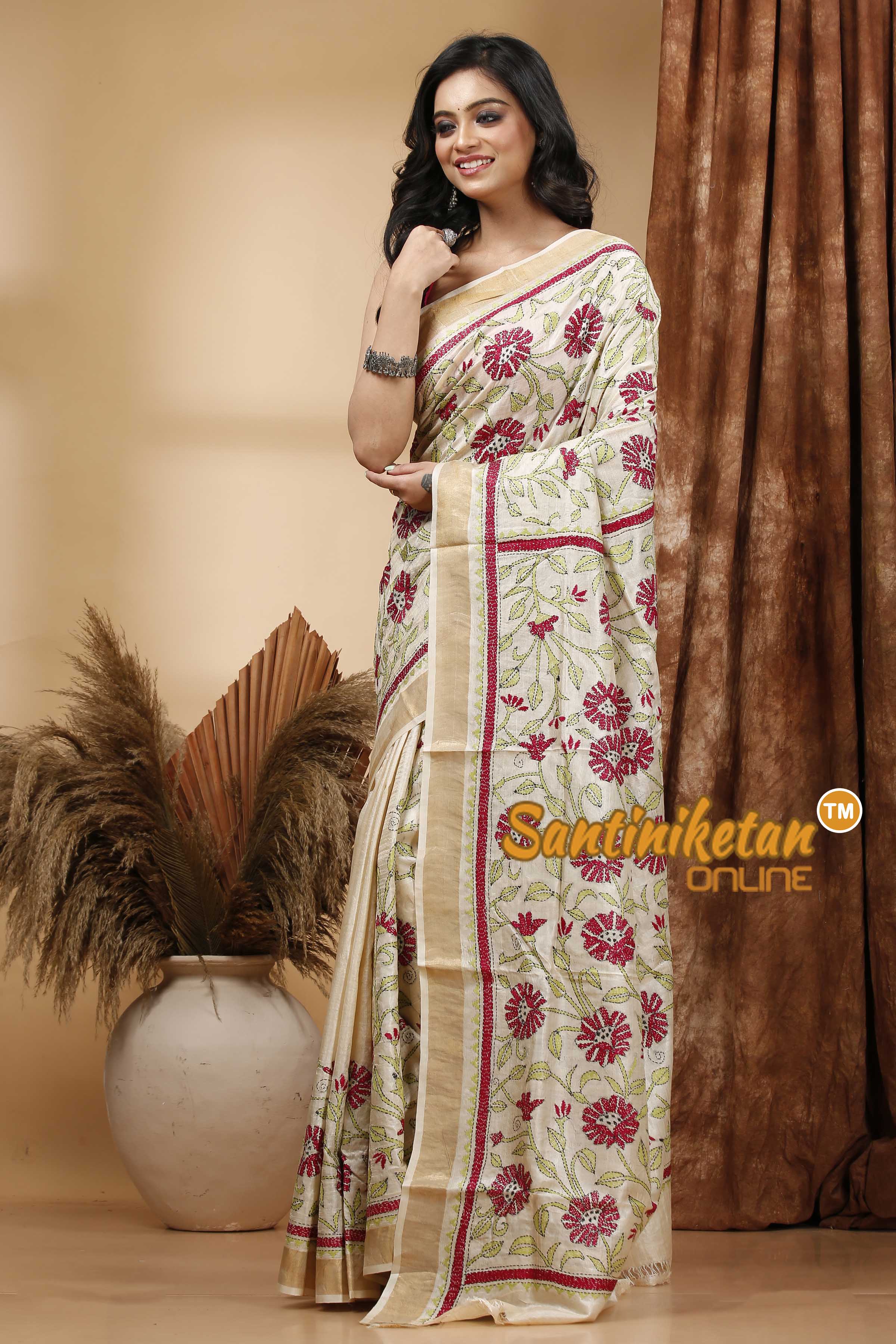Pure Tussar Silk Zari Border Kantha Stitch Saree SN202420432