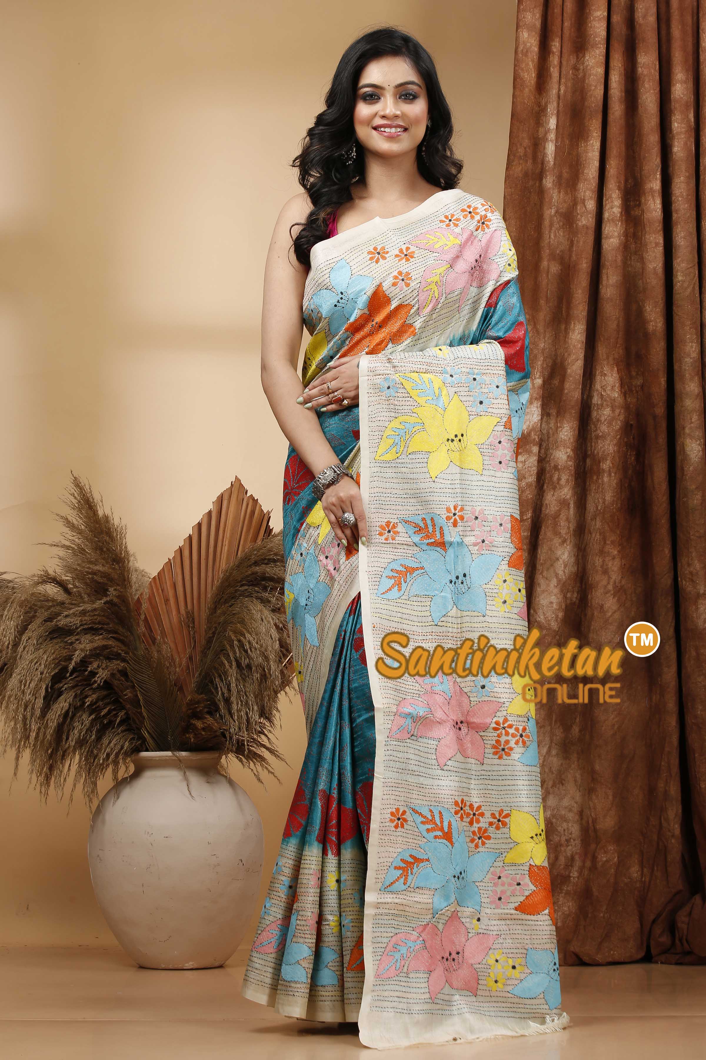 Pure Dye Tussar Silk Kantha Stitch Saree SN202420509