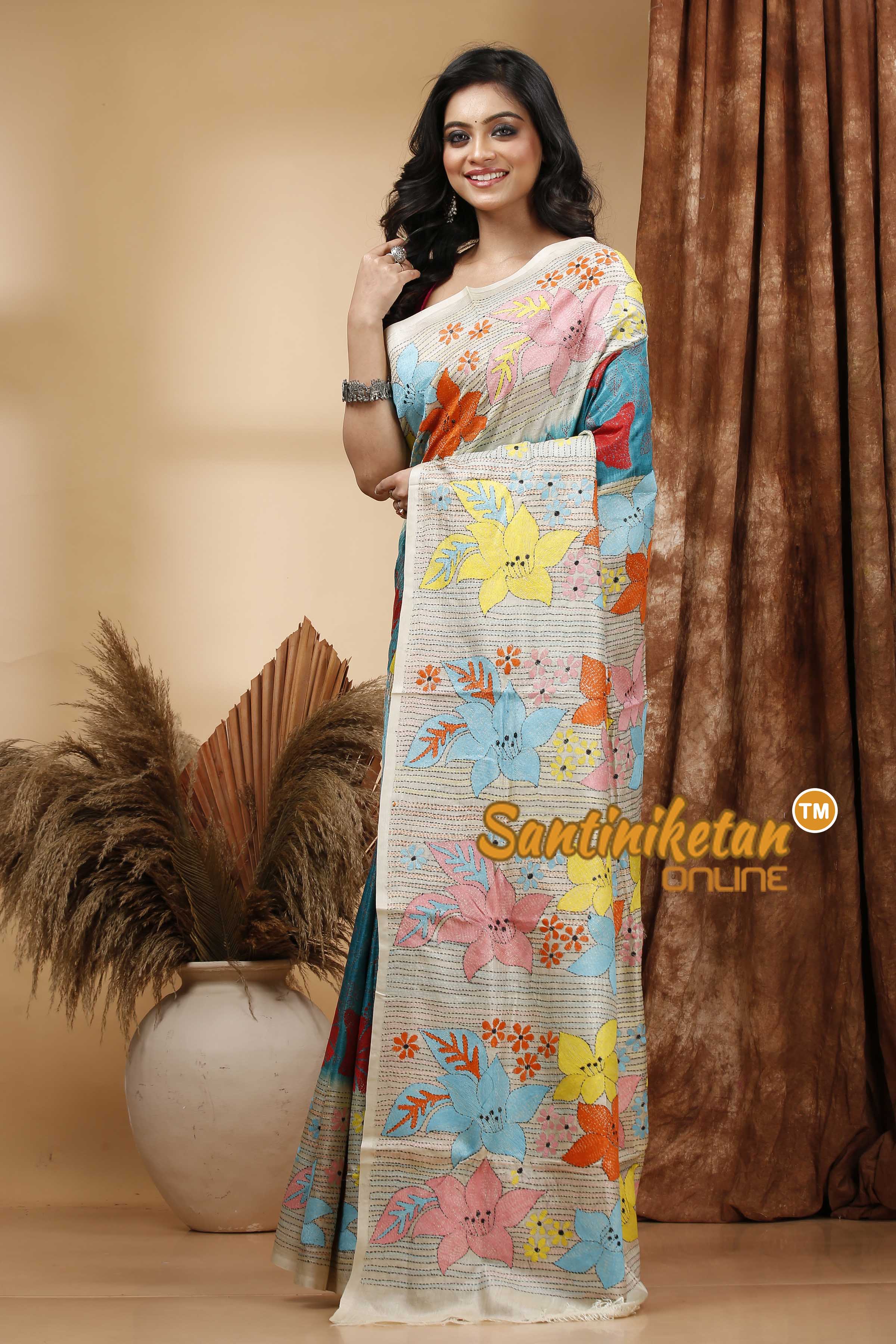 Pure Dye Tussar Silk Kantha Stitch Saree SN202420509