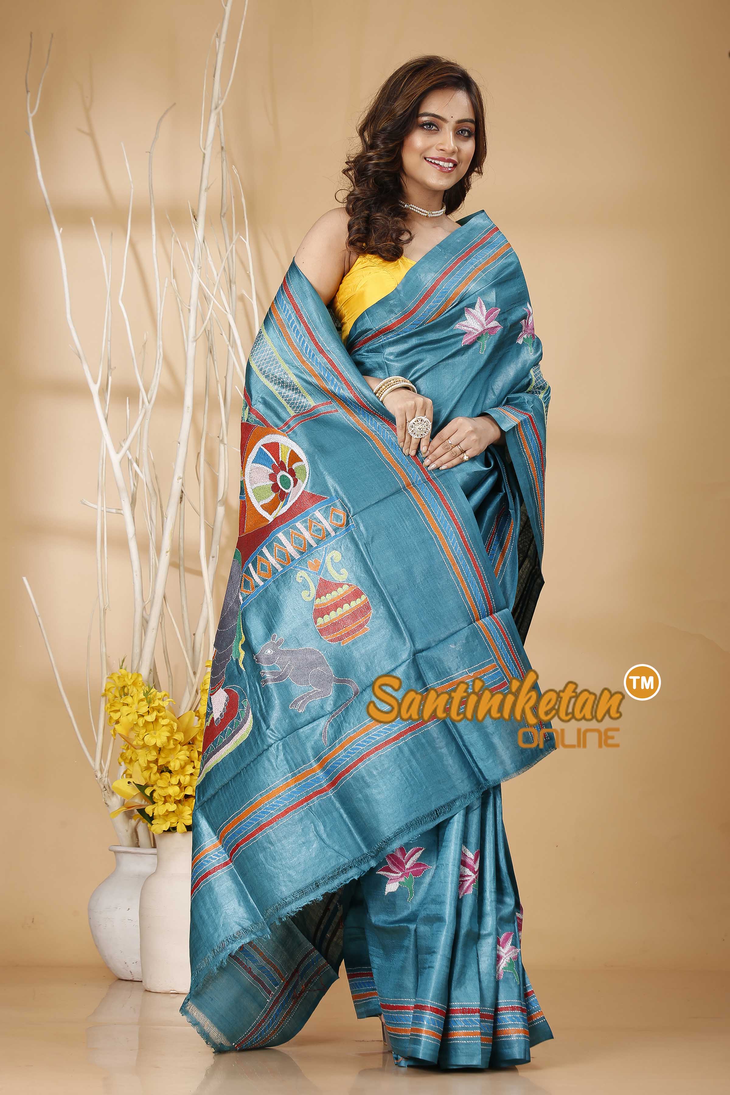 Pure Dye Tussar Silk Kantha Stitch Saree SN202420989
