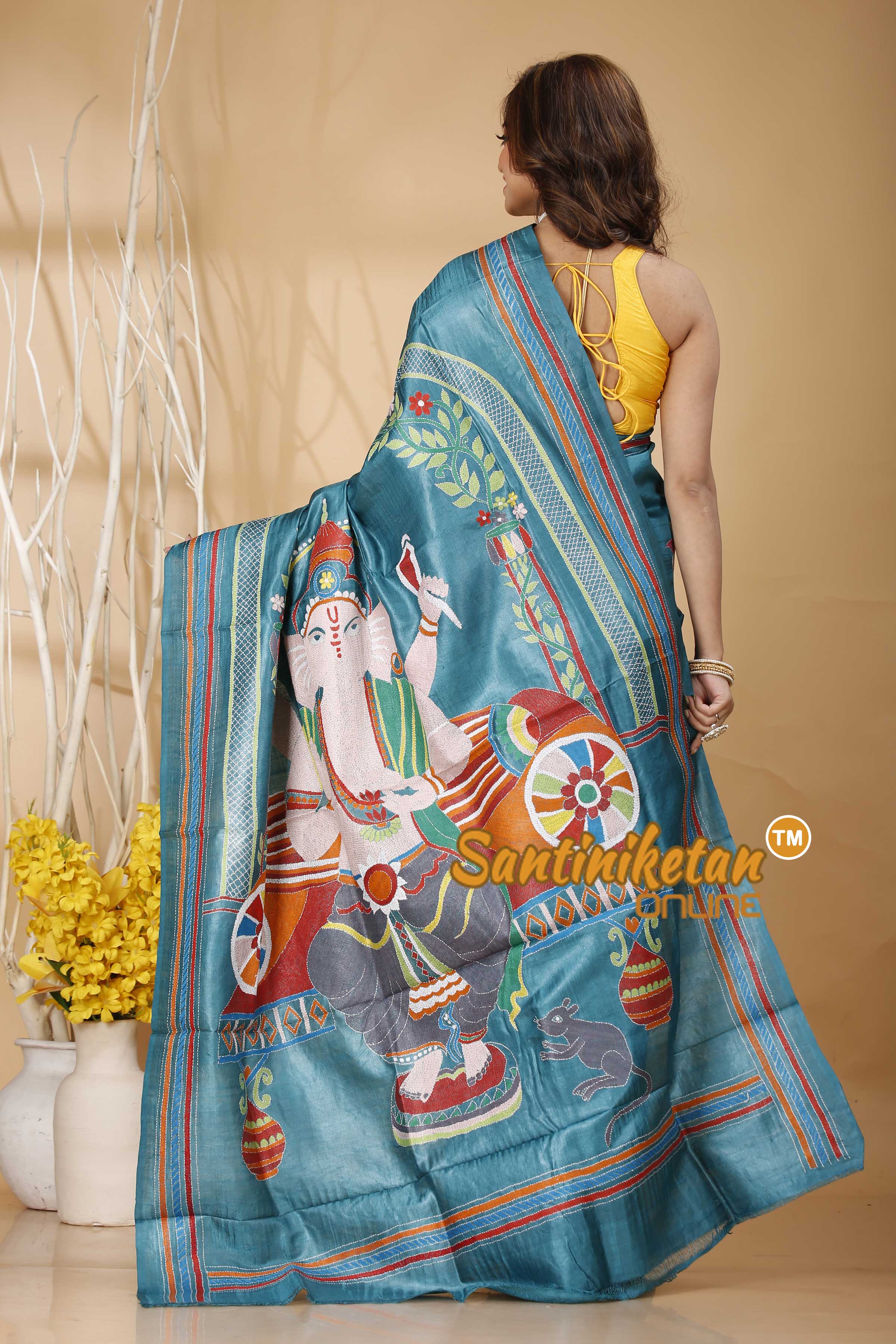 Pure Dye Tussar Silk Kantha Stitch Saree SN202420989
