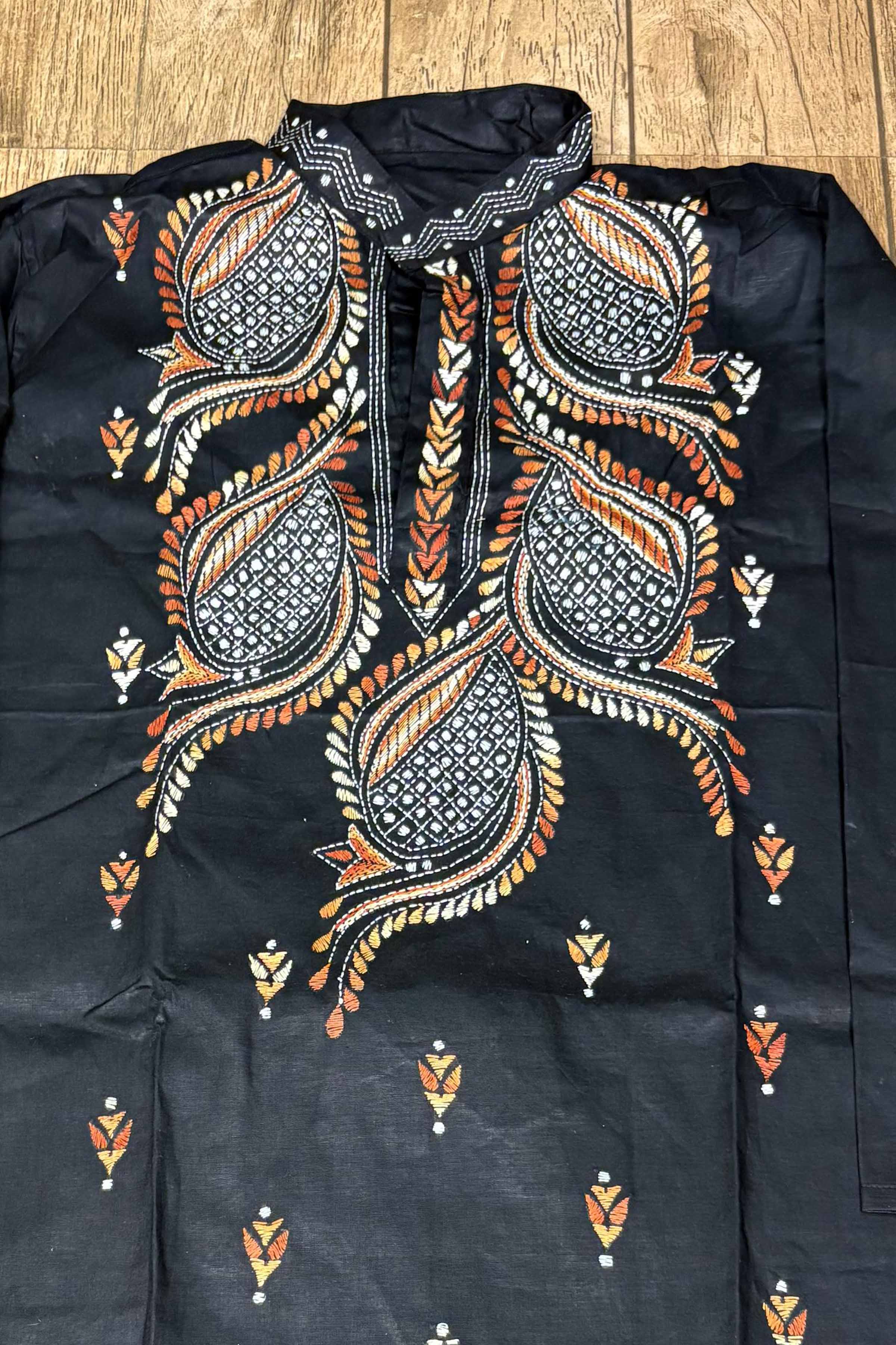Black Pure Cotton with Kantha Work (Hand Embroidery) Panjabi