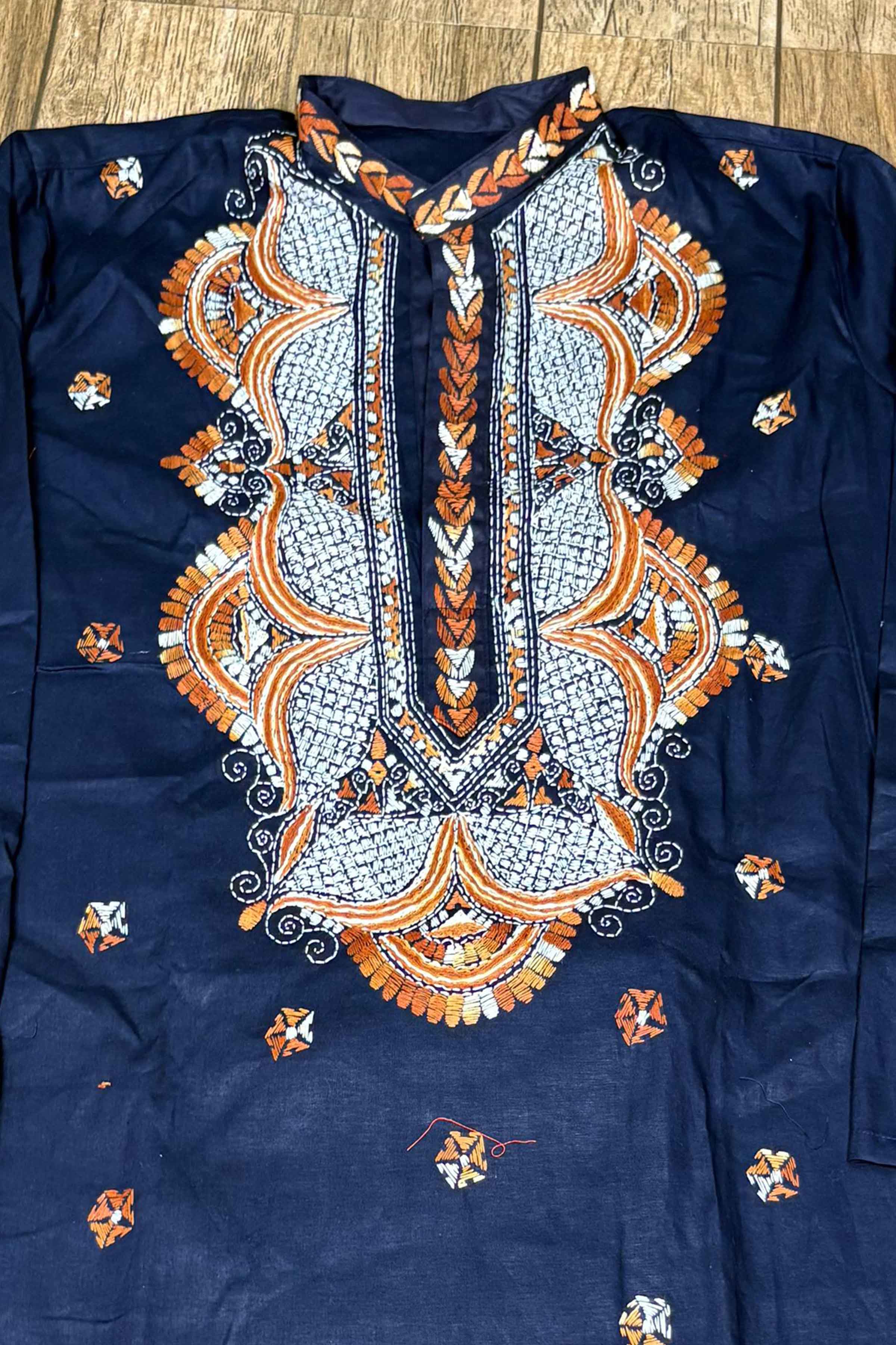 Blue Pure Cotton with Kantha Work (Hand Embroidery) Panjabi