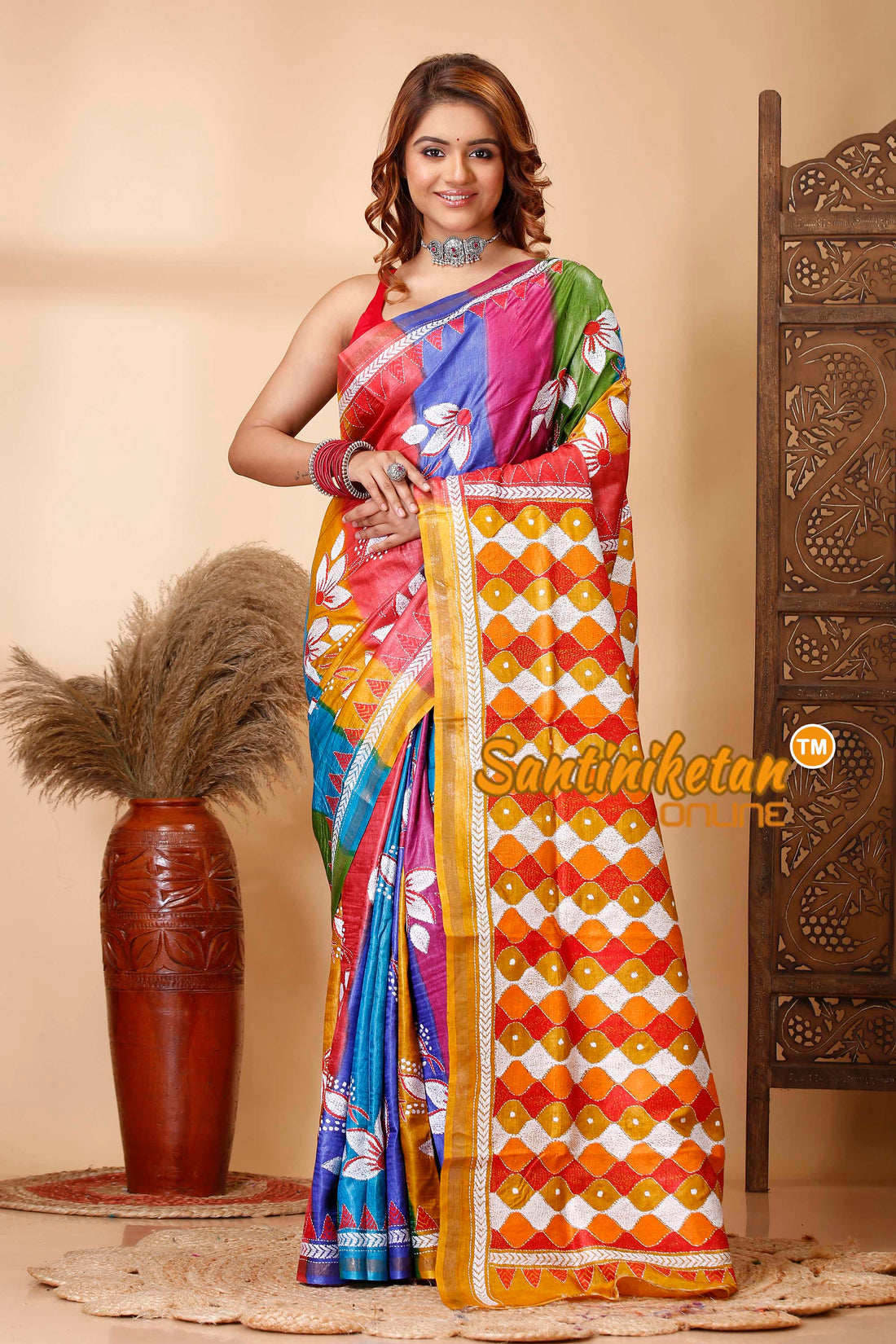 Pure Dye Tussar Silk Kantha Stitch Saree SN202521247