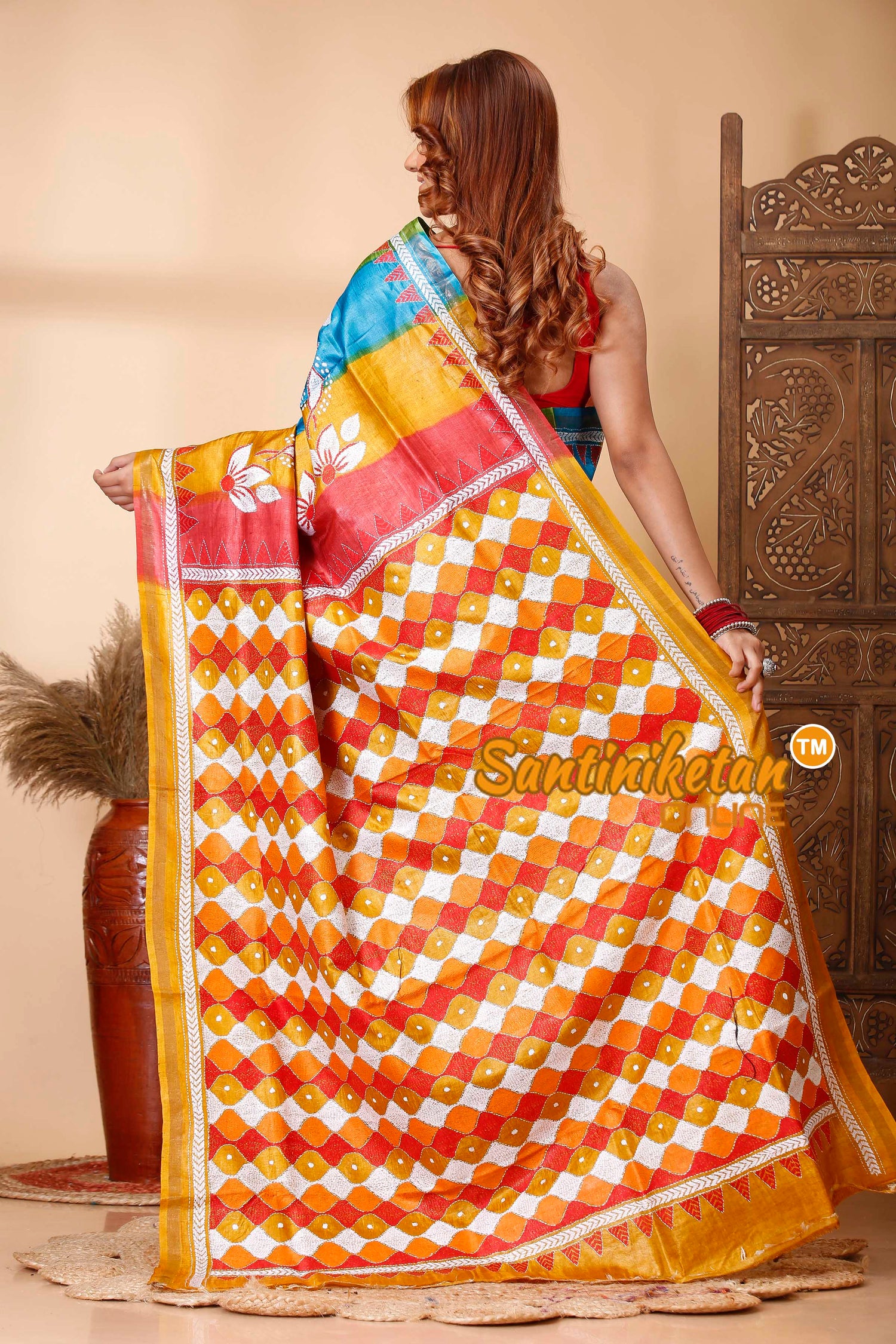 Pure Dye Tussar Silk Kantha Stitch Saree SN202521247