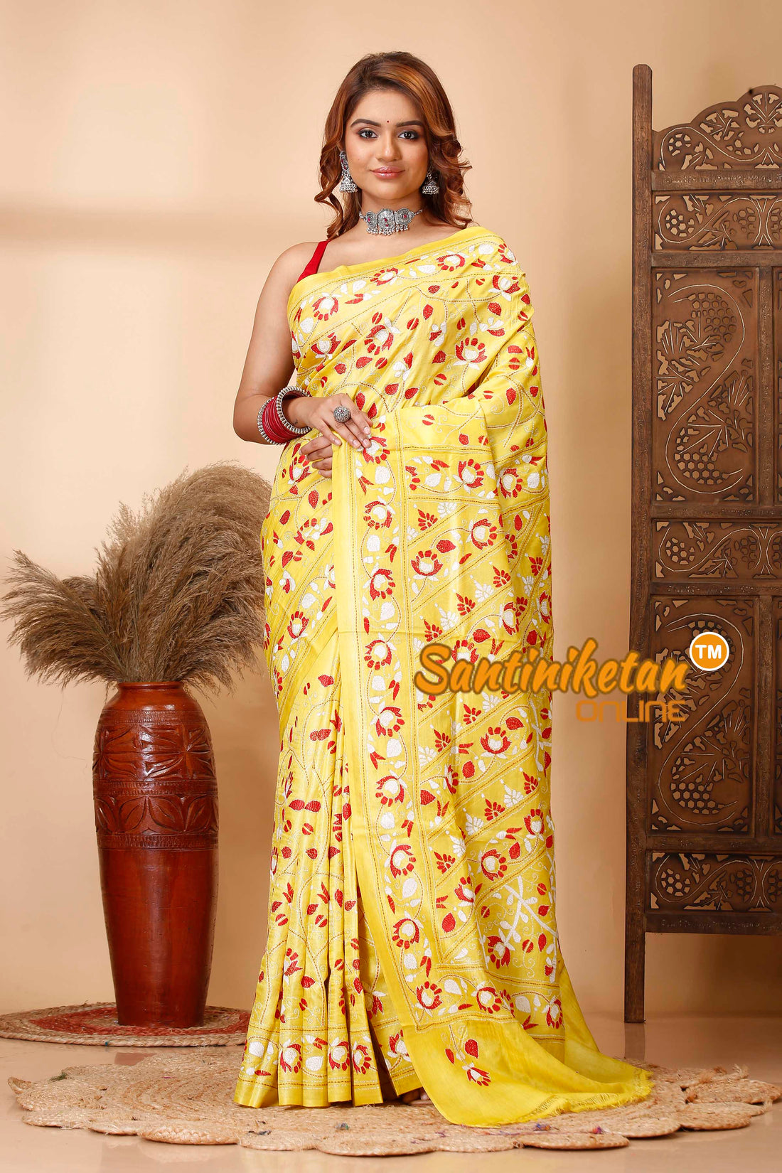 Pure Dye Tussar Silk Kantha Stitch Saree SN202521326