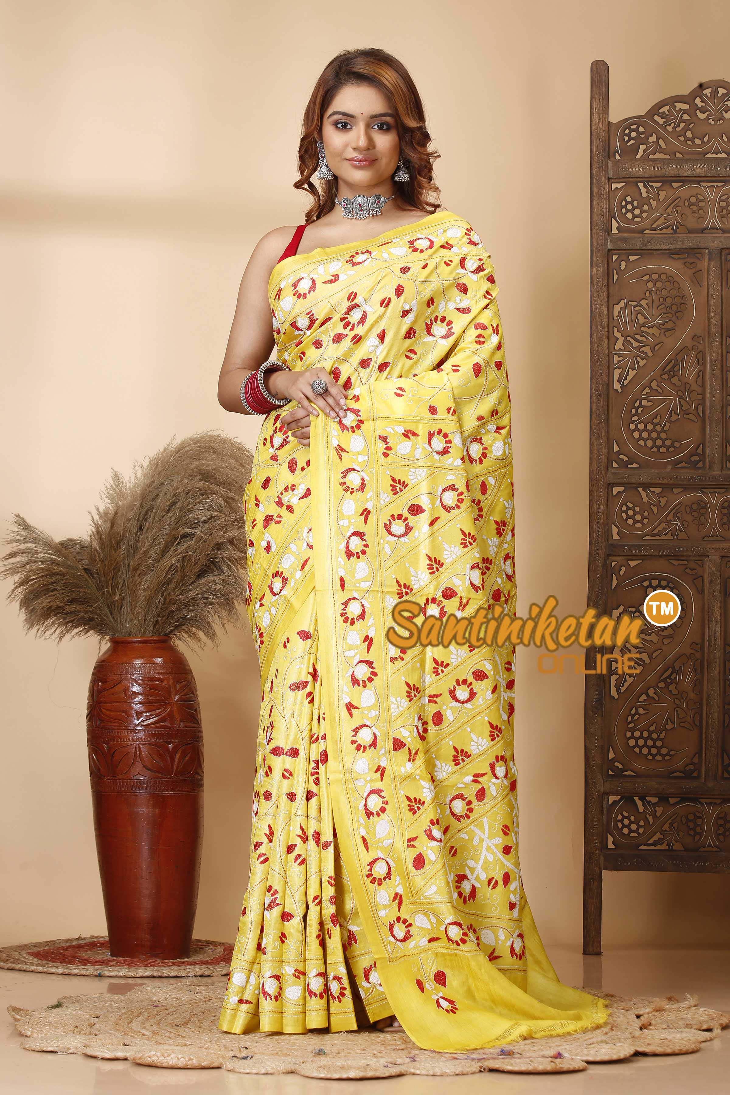 Pure Dye Tussar Silk Kantha Stitch Saree SN202521326