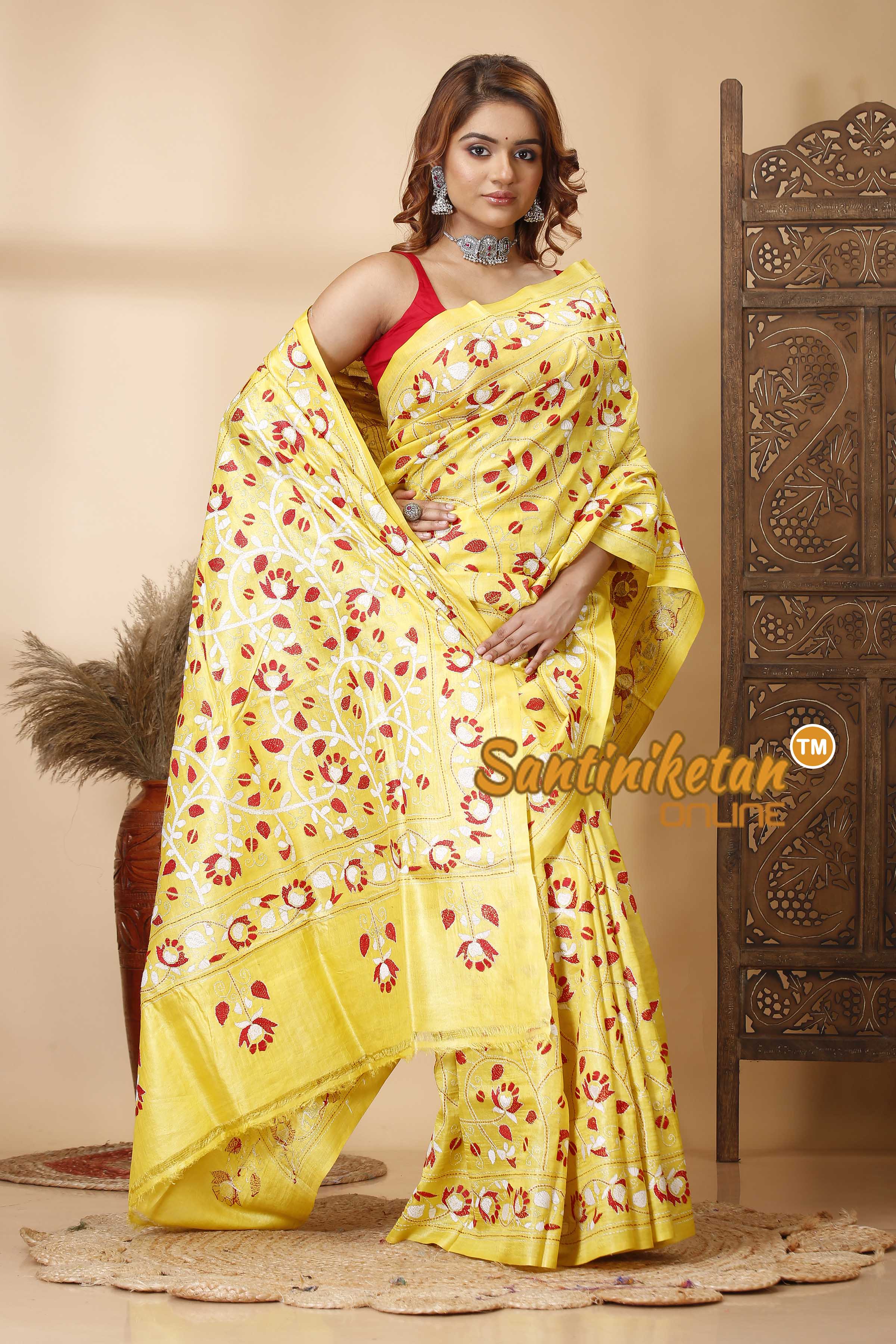 Pure Dye Tussar Silk Kantha Stitch Saree SN202521326